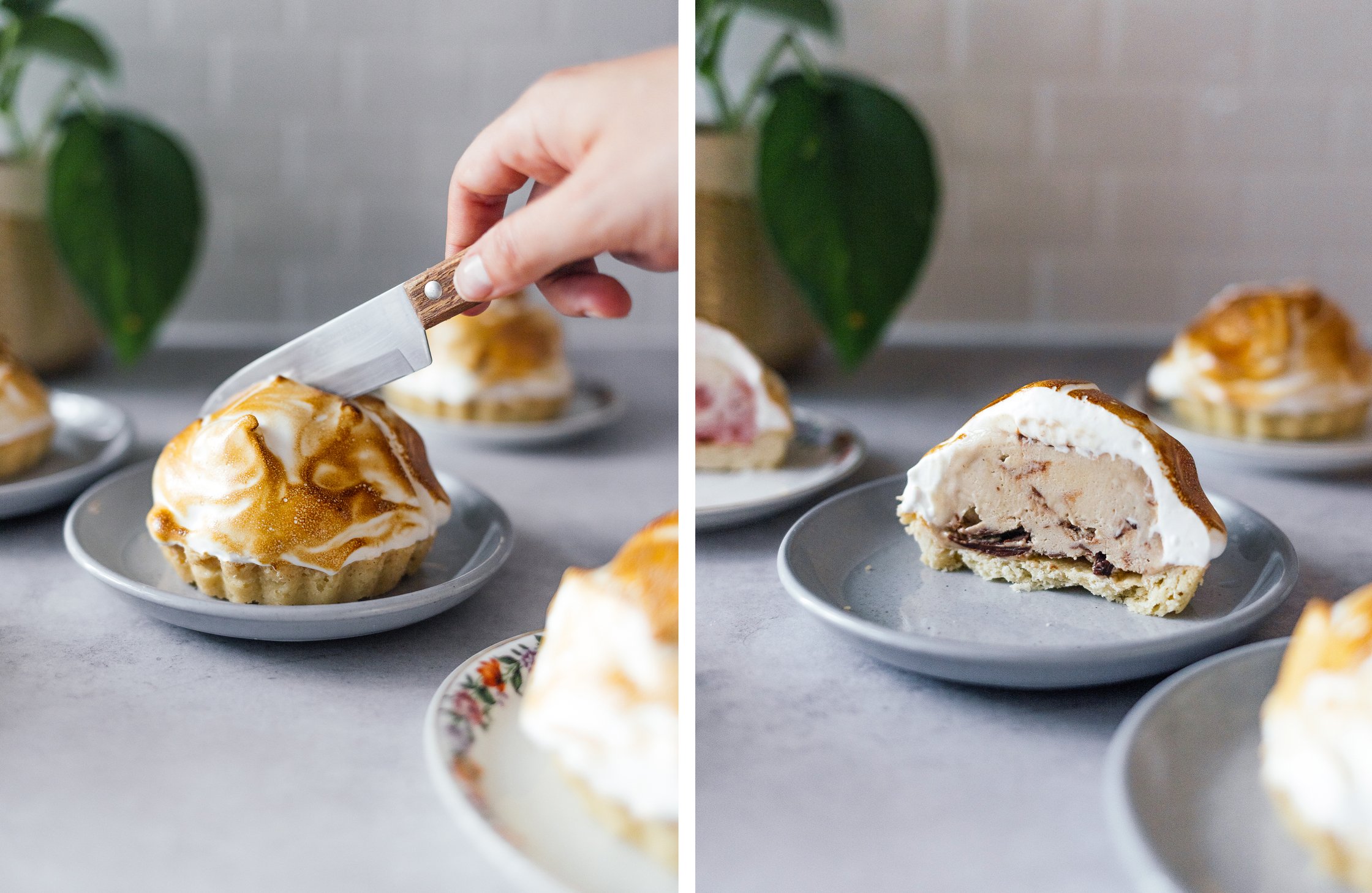 cutting vegan mini Baked Alaska