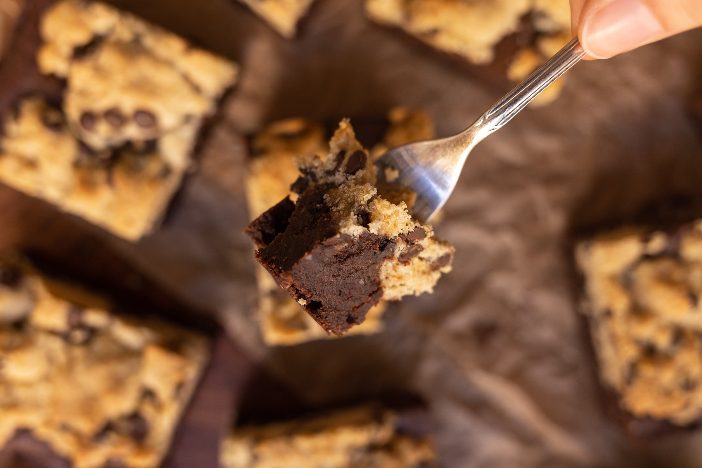 a piece of vegan brookie on a fork