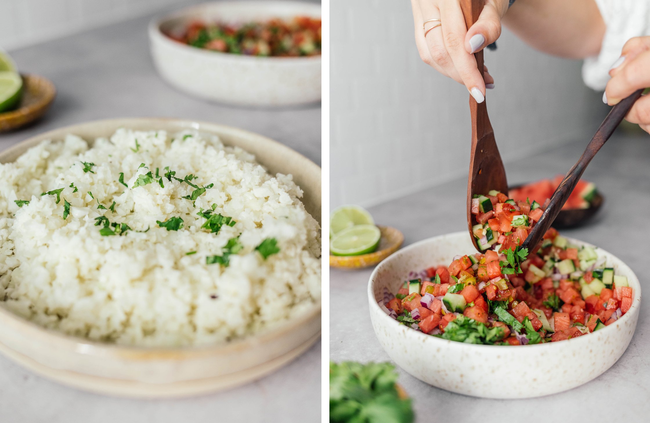 cauliflower rice; mixing watermelon salsa