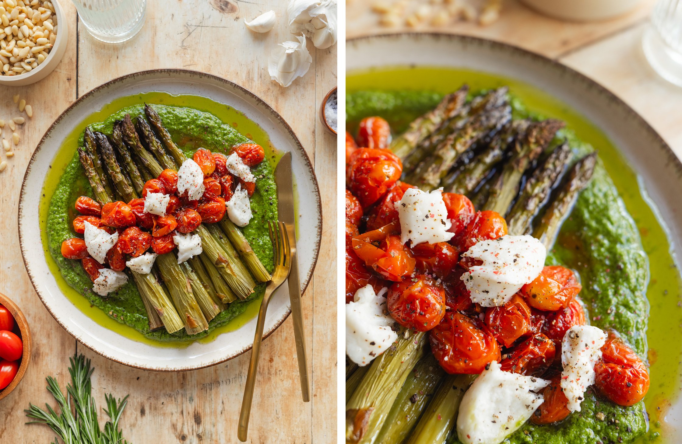 baked green asparagus with tomatoes and mozzarella on a plate; close-up of the dish