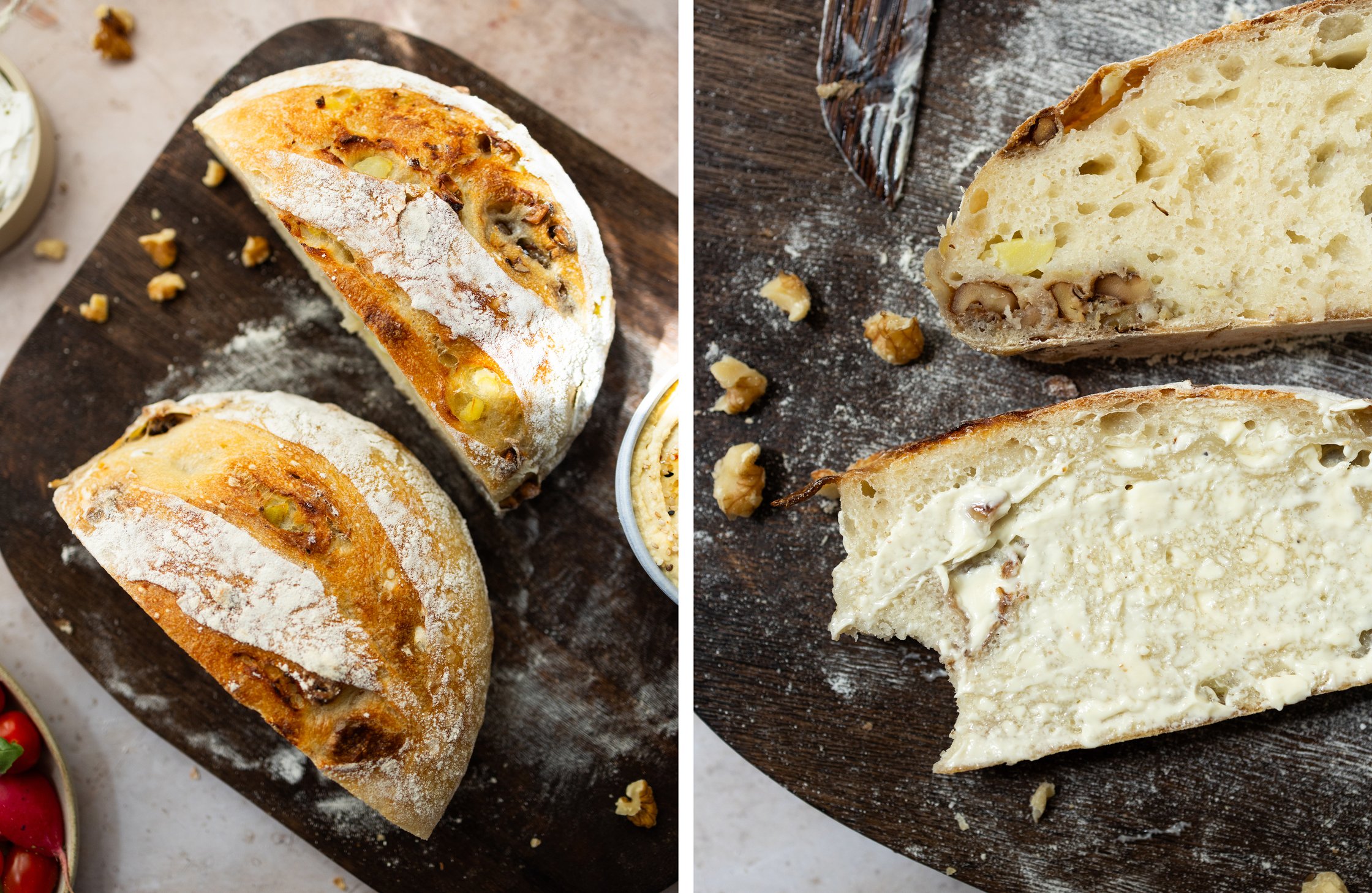 links: Sauerteigbrot in zwei Hälften geschnitten auf einem Brettchen, Walnüsse
rechts: zwei Scheiben Brot auf einem Brett, mi