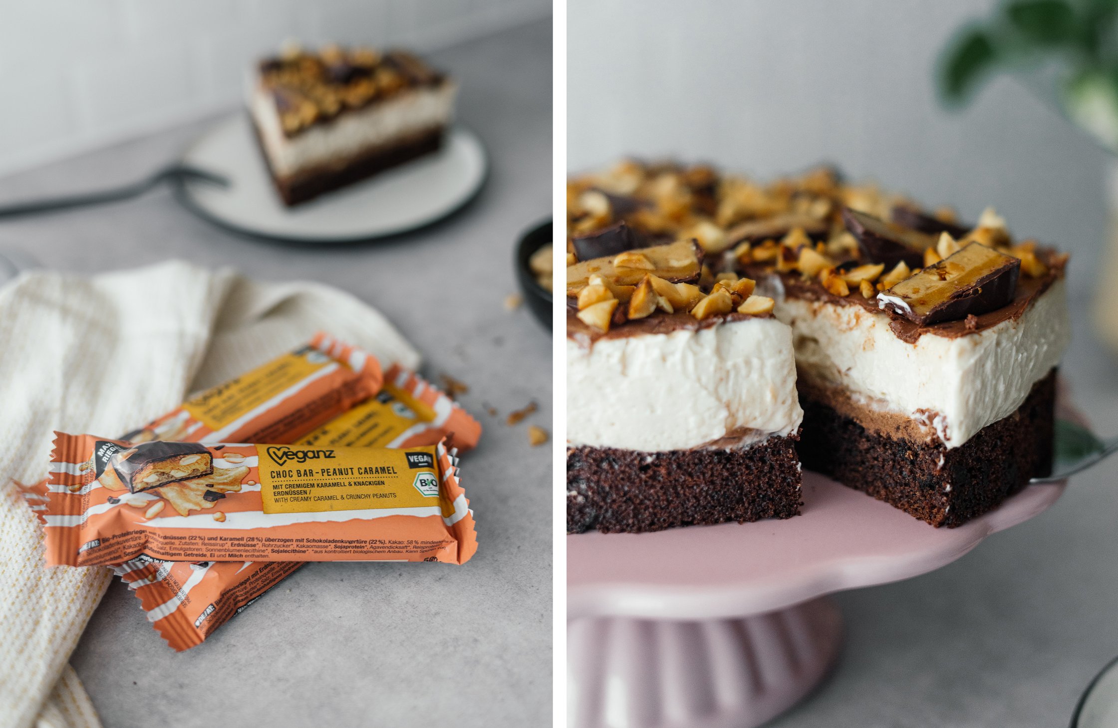 Choc Bar Peanut Caramel von Veganz; vegane Snickers-Torte anschneiden