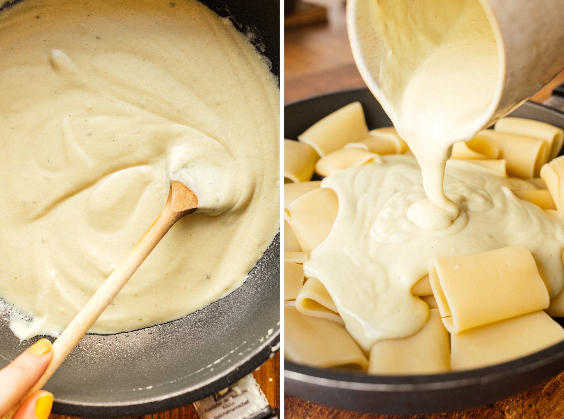 vegane hollandaise wird als soße über nudeln gegossen