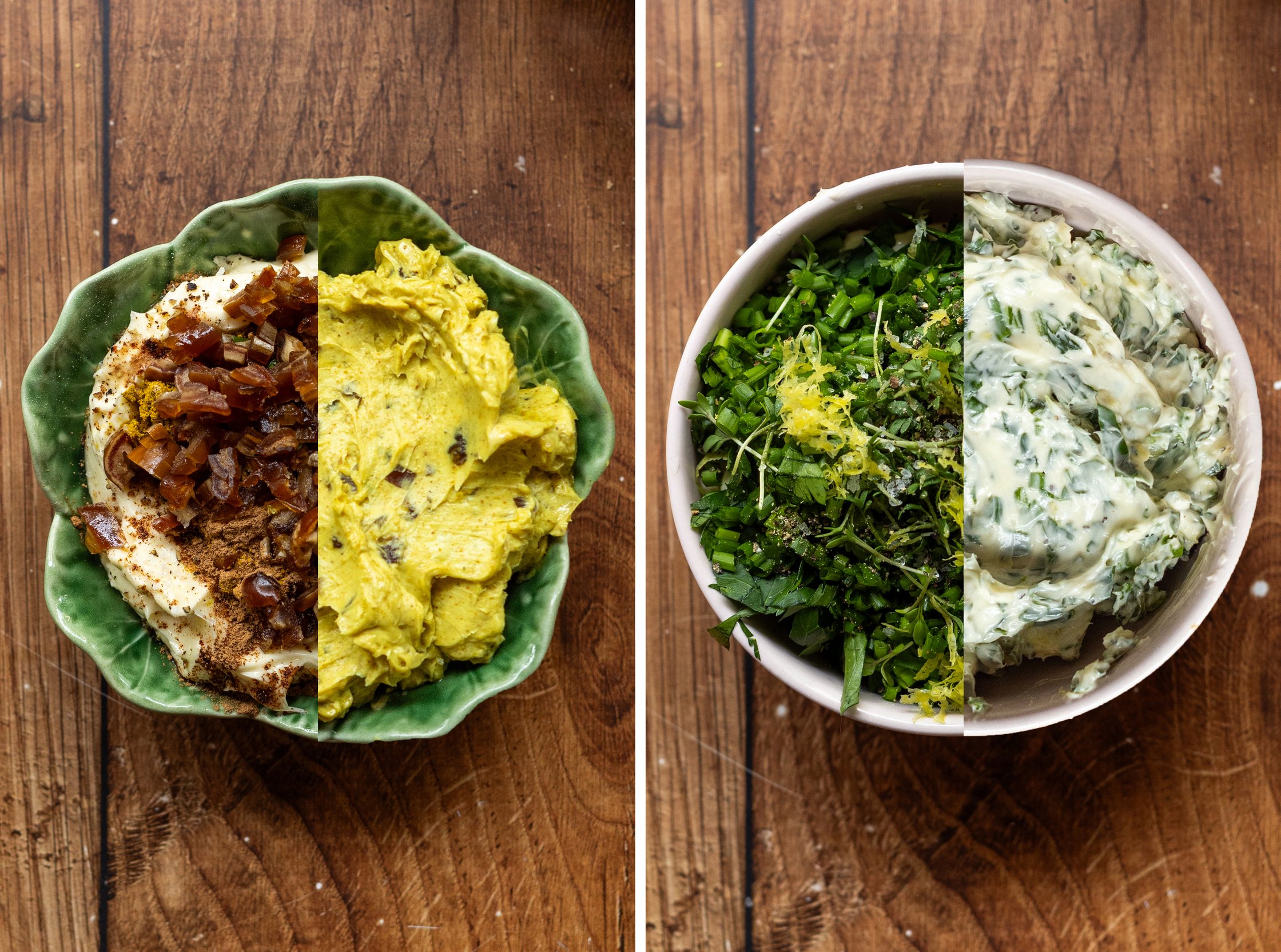 vegan date and curry butter and vegan herb butter