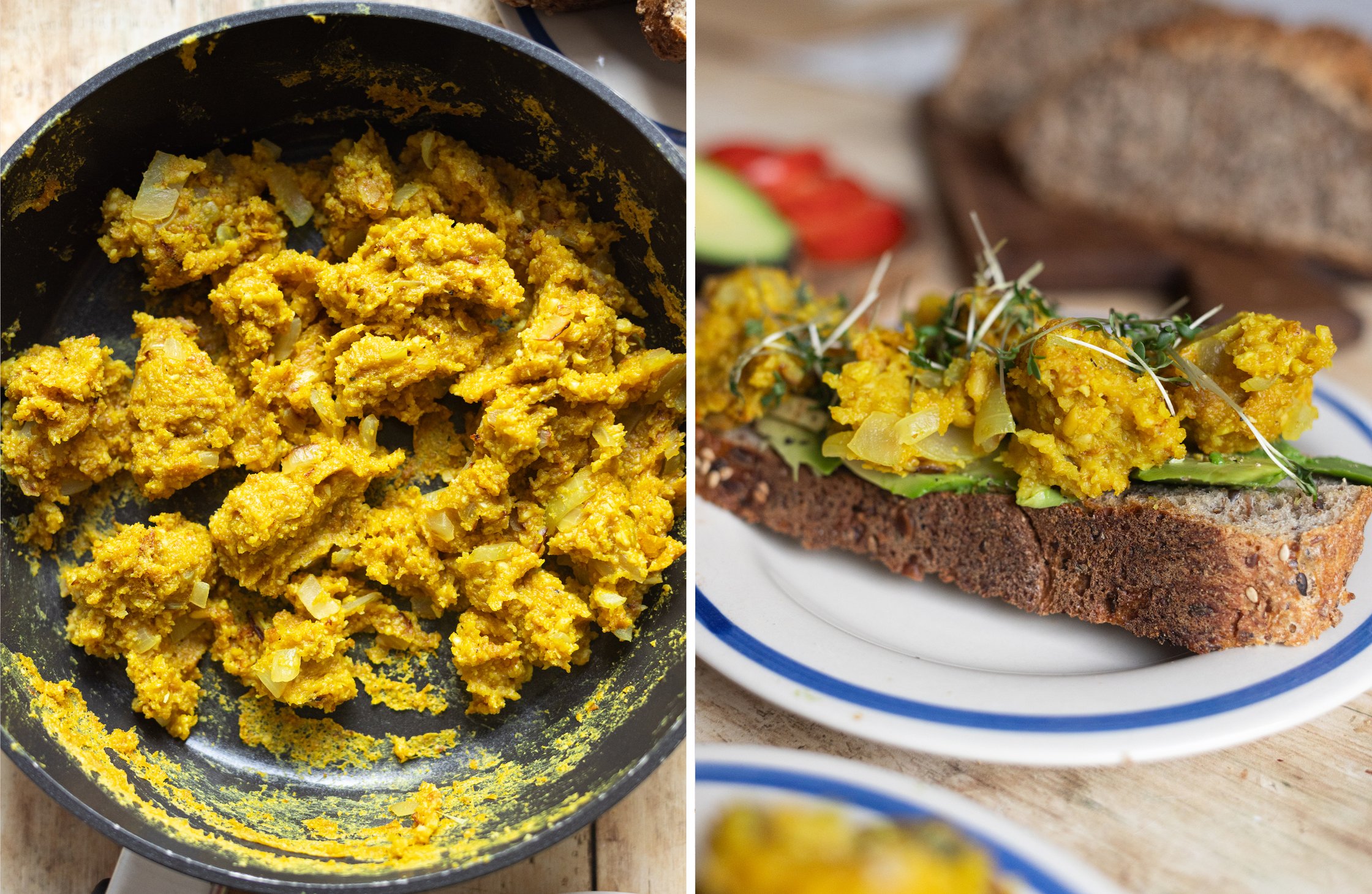 Split image of vegan scrambled eggs photographed in a pan in top shot and vegan scrambled eggs on bread with avocado.