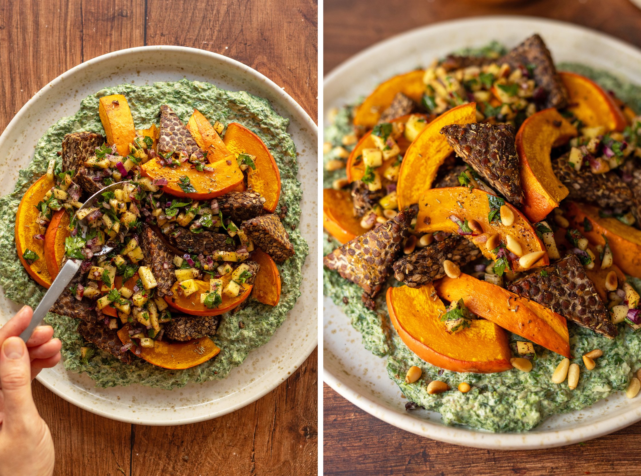 mango salsa auf gebackenem kürbis und tempeh verteilen