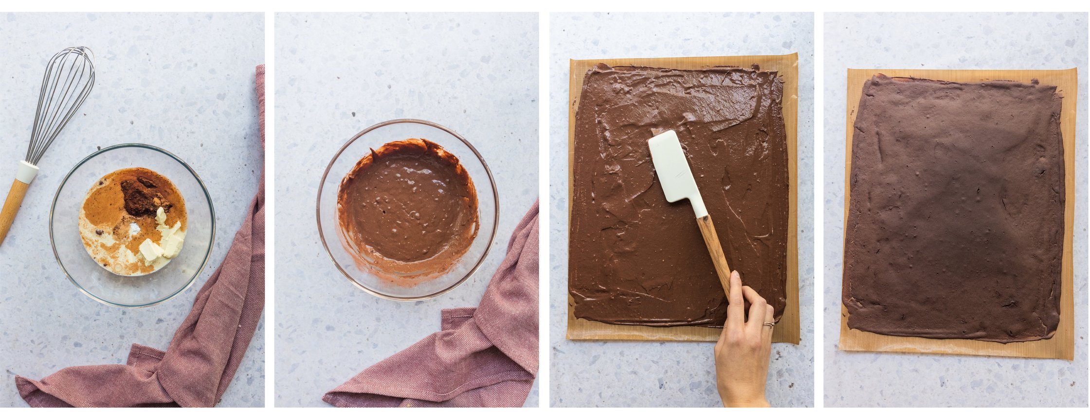 vegan chocolate cake batter in a bowl and on a bakery paper