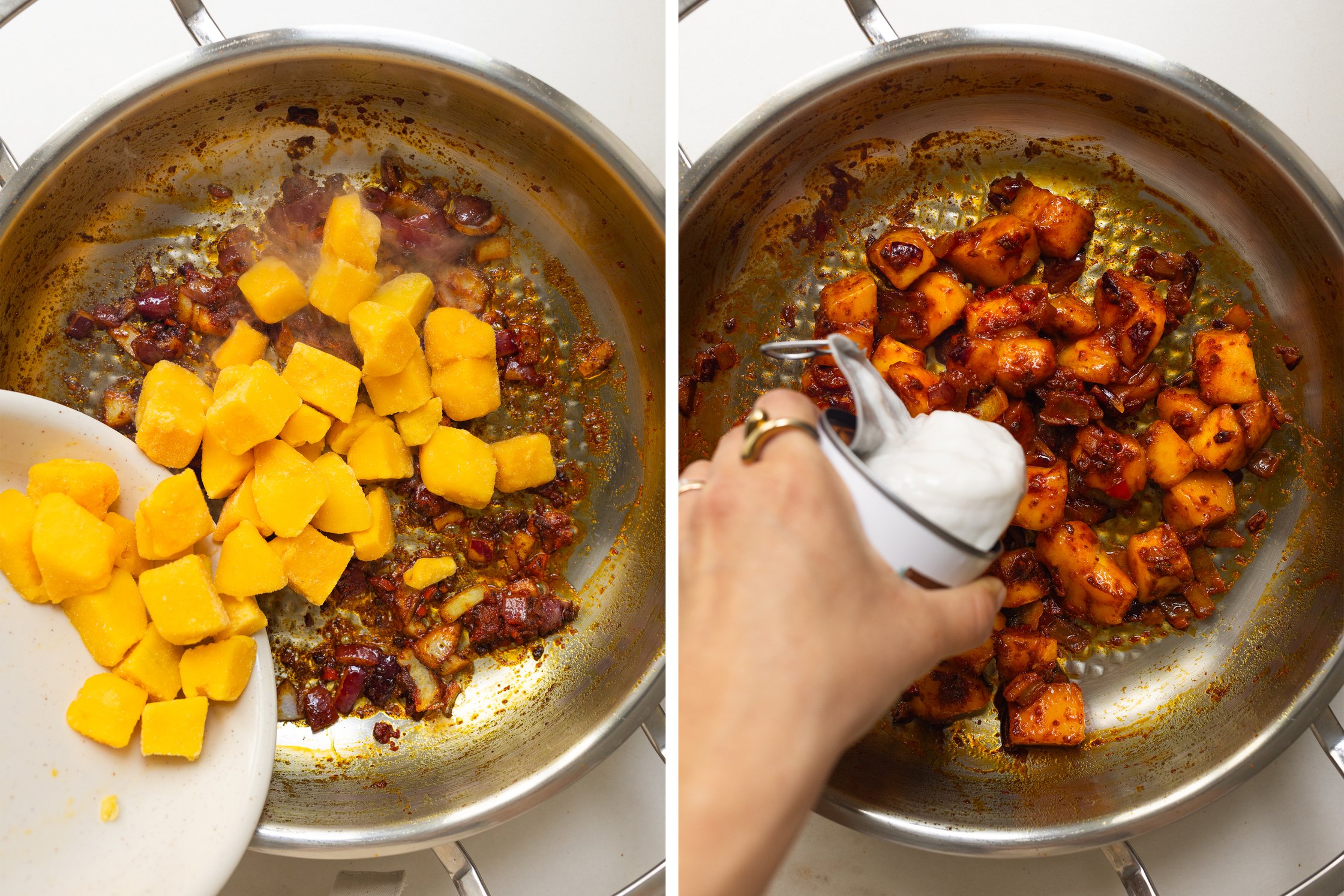 adding mangos and coconut milk to the vegan mango curry