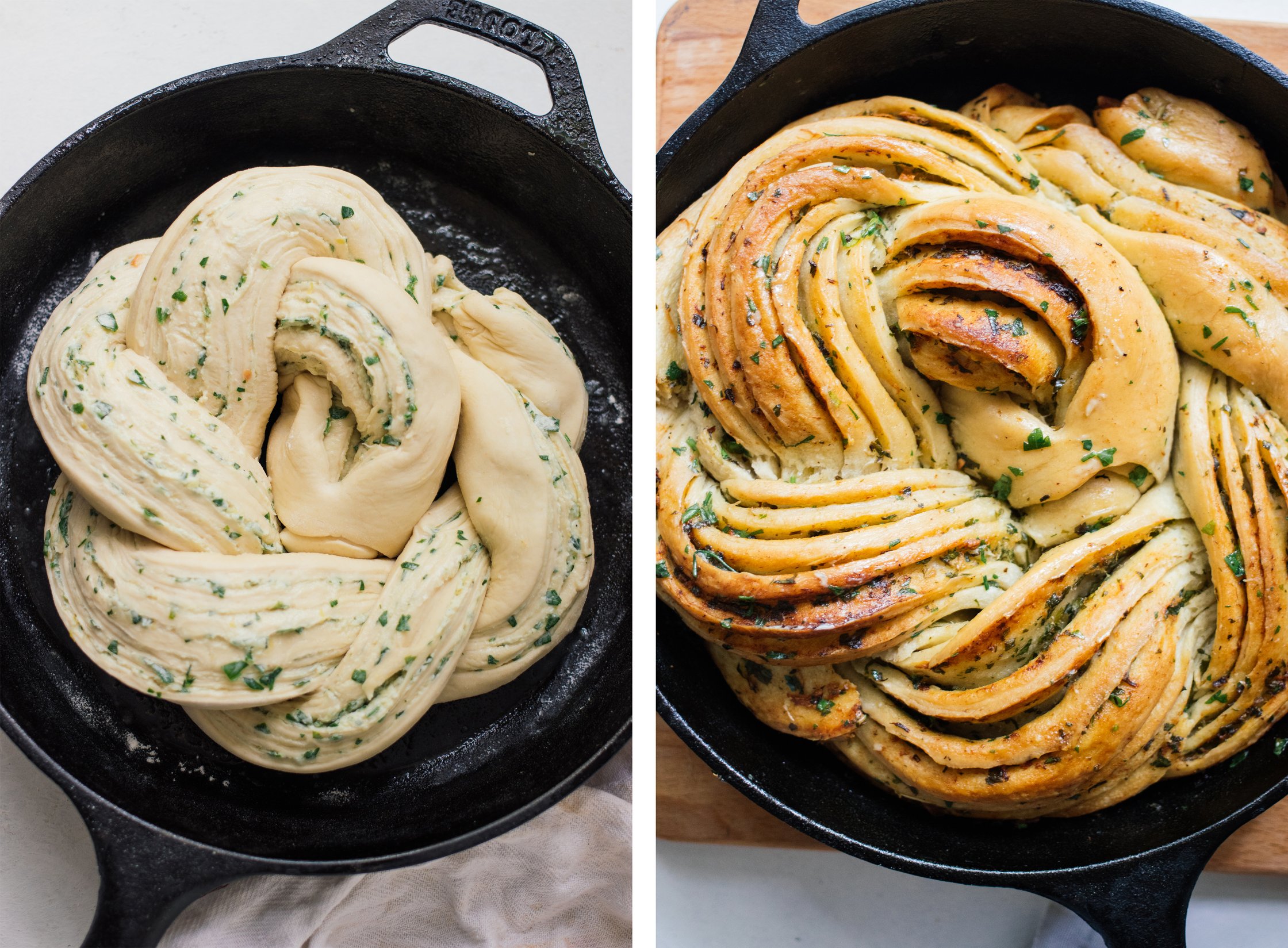 veganes knoblauchbrot vor und nach dem backen