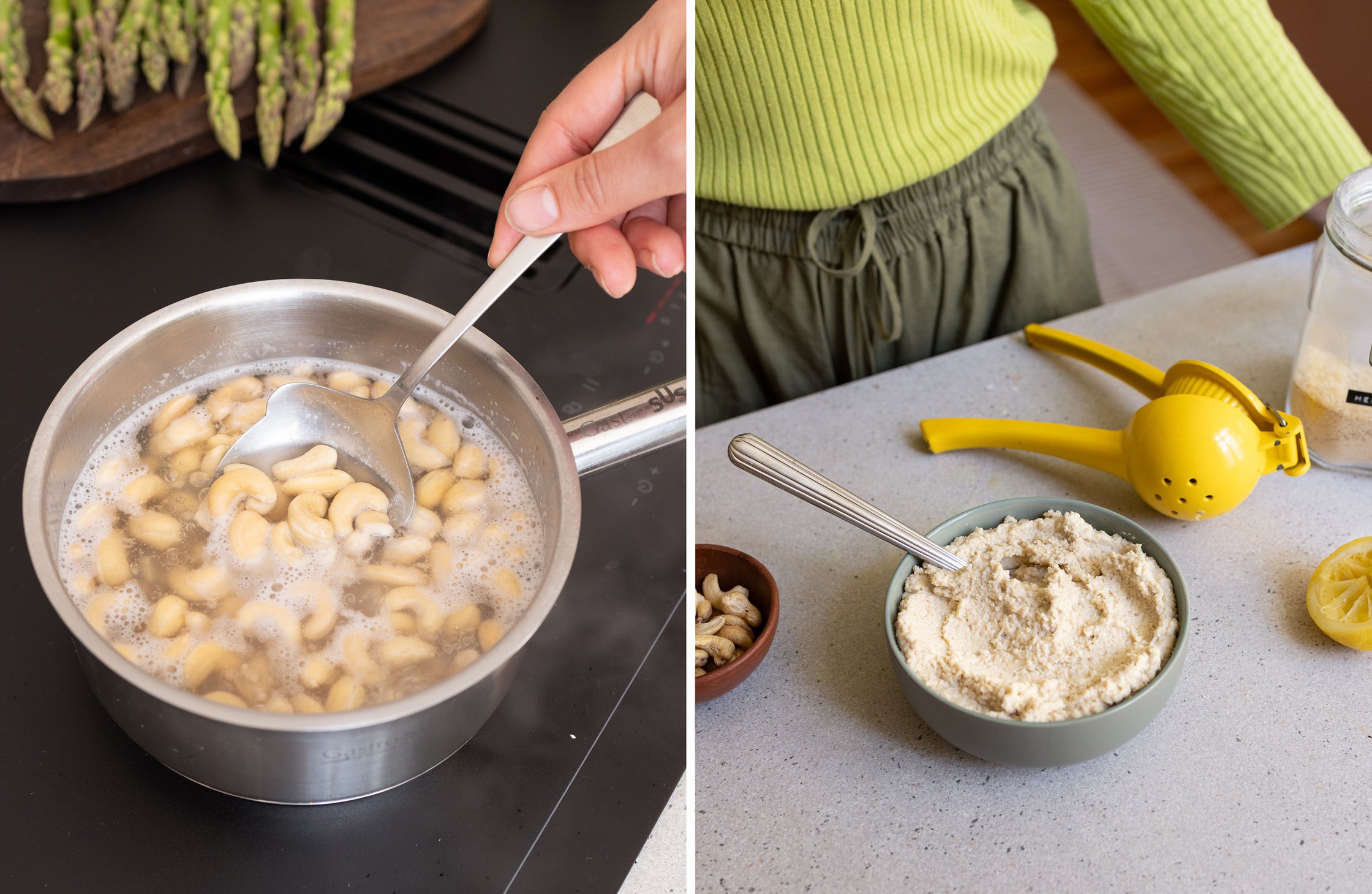 Links: Cashews kochen im Wasser. Rechts: fertiger veganer Ricotta.