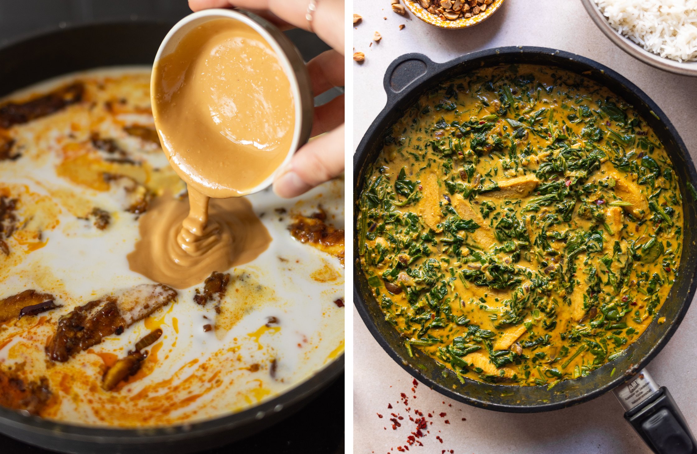 links: Erdnussmus kommt zu Curry in die Pfanne
rechts: fertigen Erdnusscurry in einer Pfanne