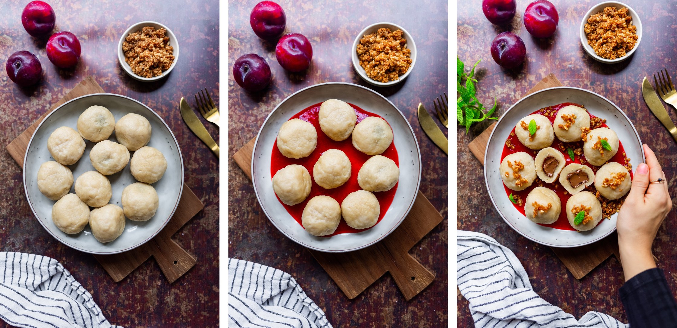 Vegane Nougatknödel mit Pflaumensoße werden auf einem Teller angerichtet.