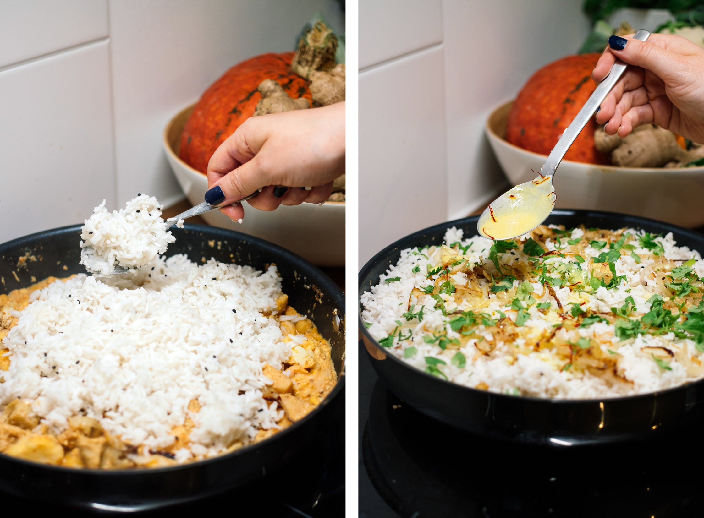 adding rice and safran coconut milk on top of vegan jackfruit biryani mixture