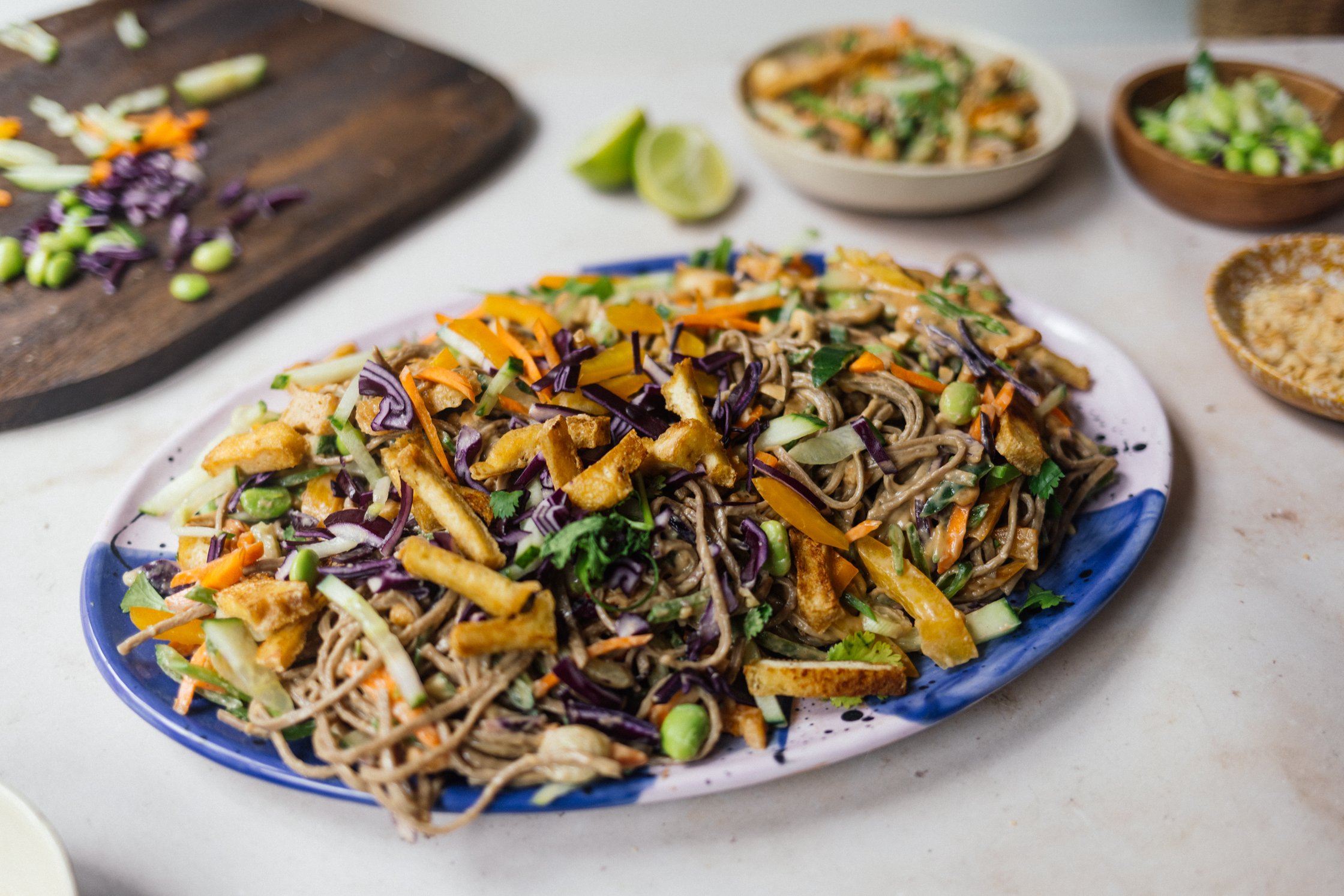 Vegan Soba Noodle Summer Roll Salad served on a plate