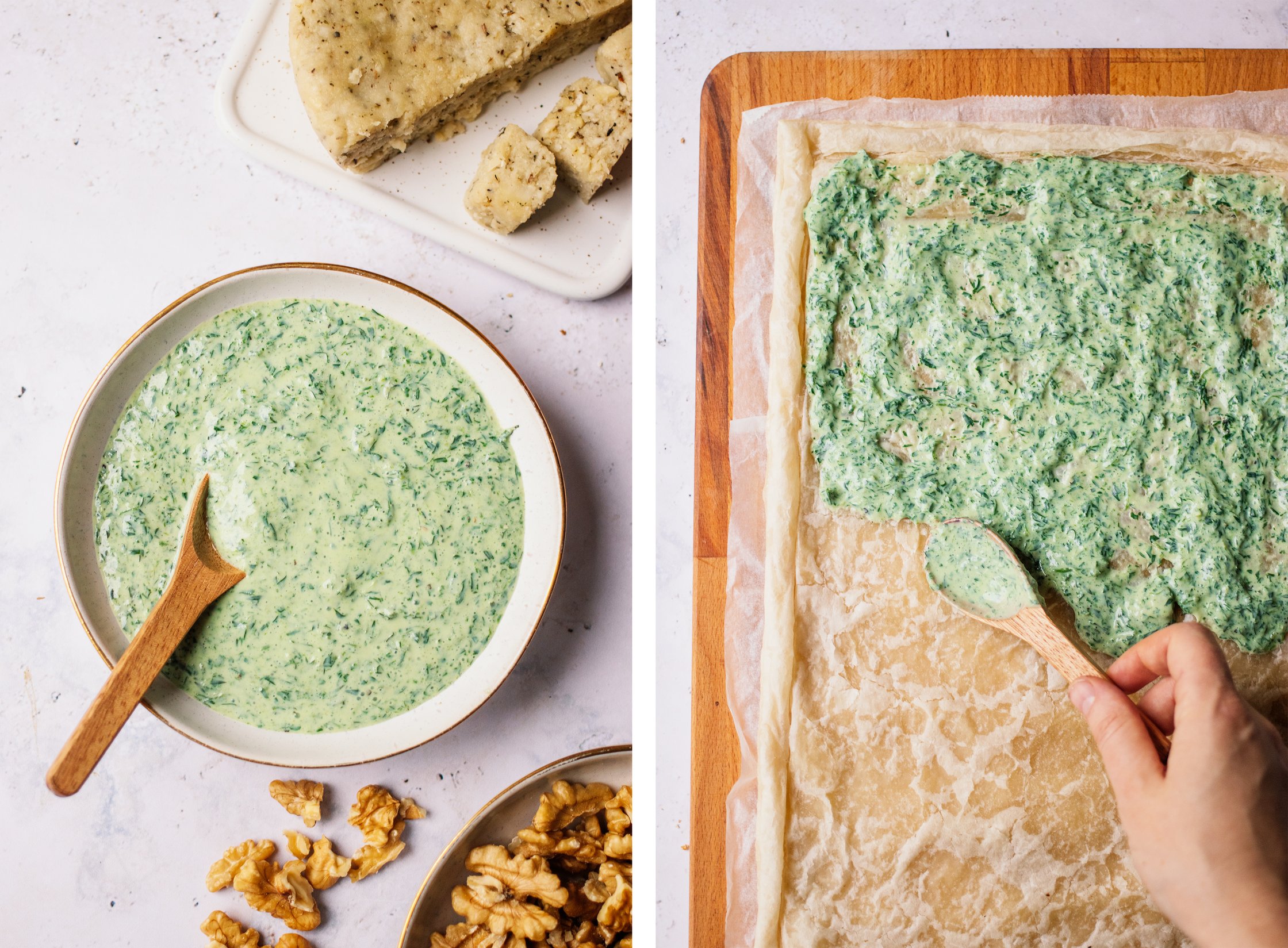 veganen blätterteig mit kräutercreme bestreichen