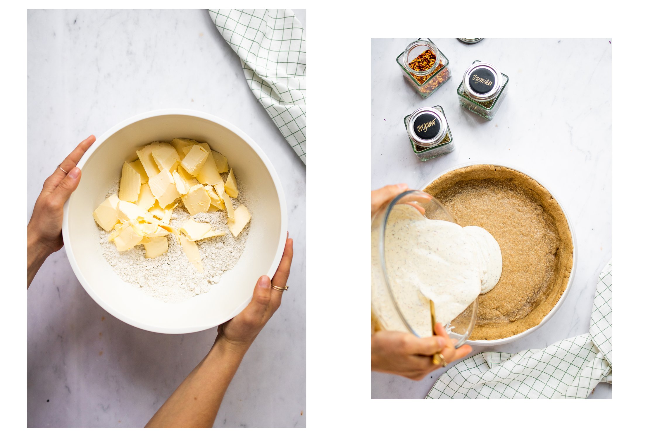 Ingredients for the dough in a bowl, dough is in a springform and the filling comes on top