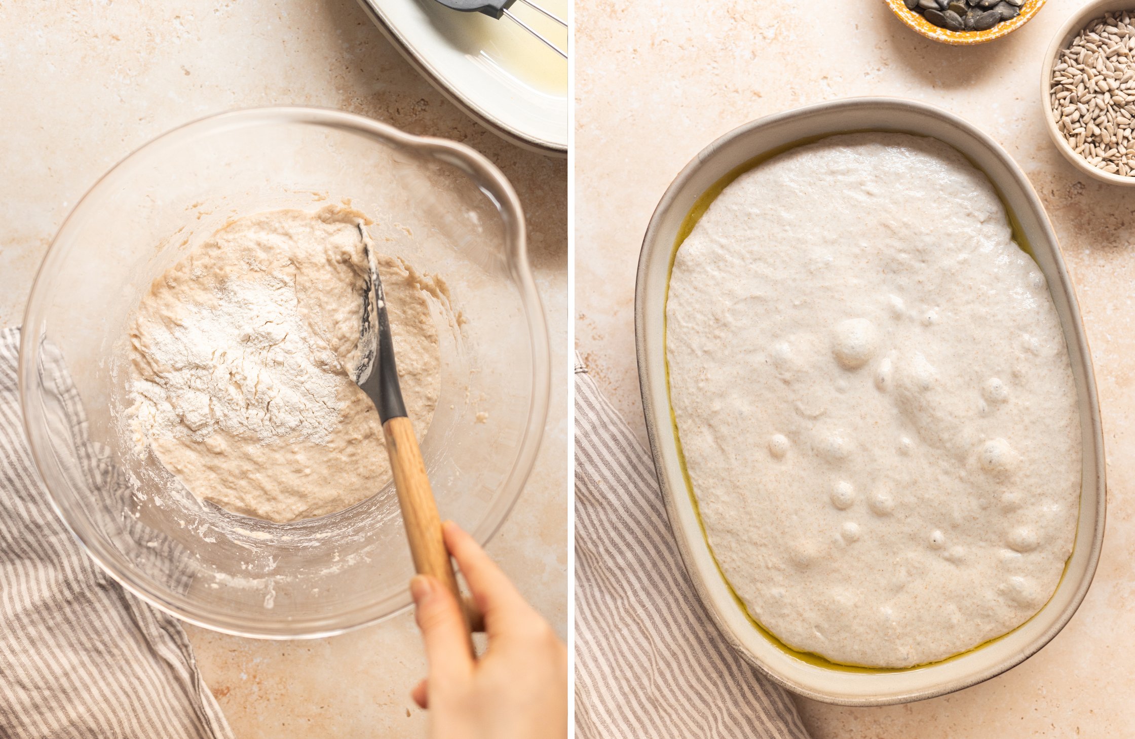 Two-part image showing the unbaked yeast dough in a bowl and the risen yeast dough in a casserole dish.