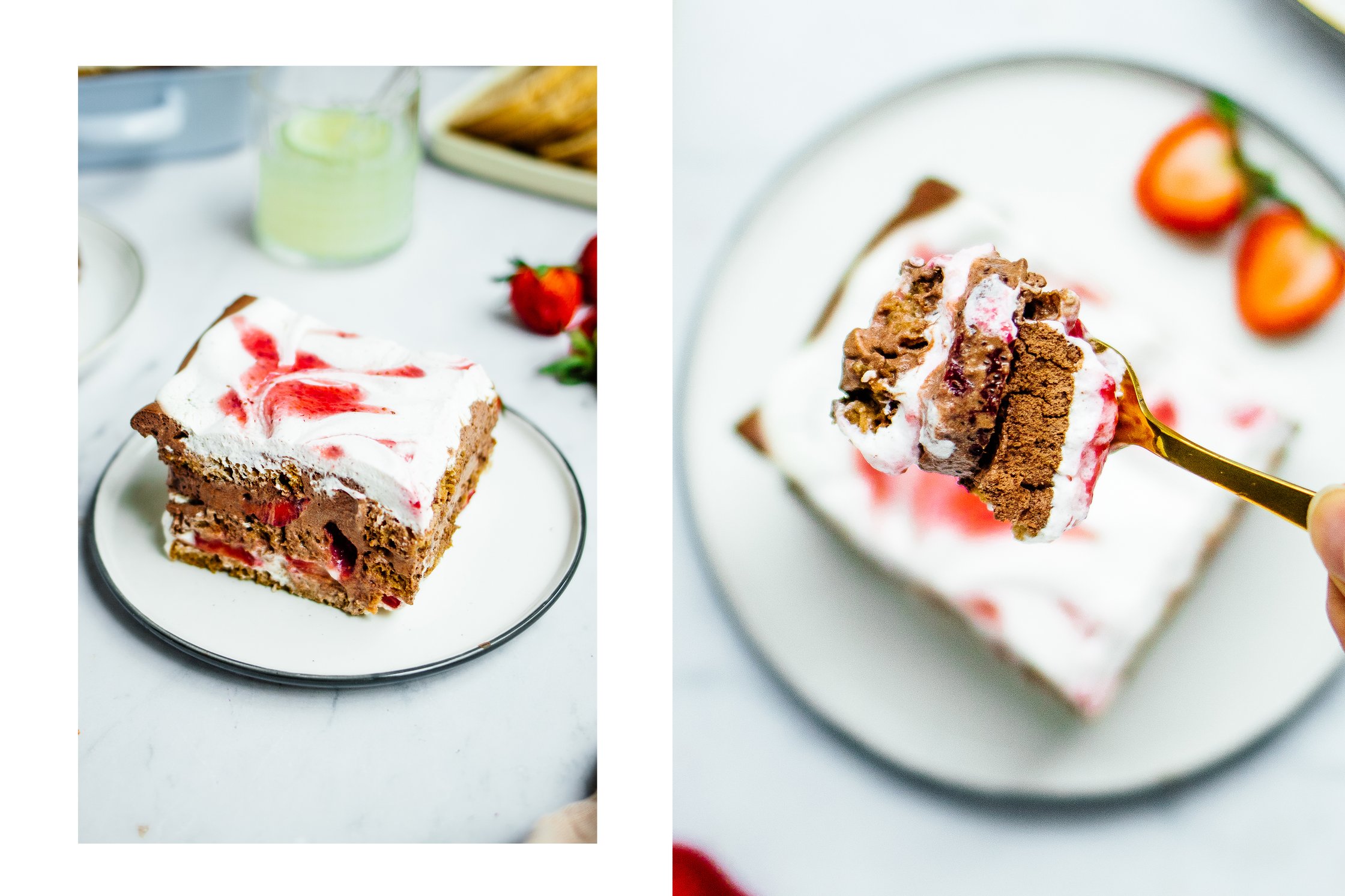 vegan layered chocolate dessert on plate, person eating vegan tiramisu