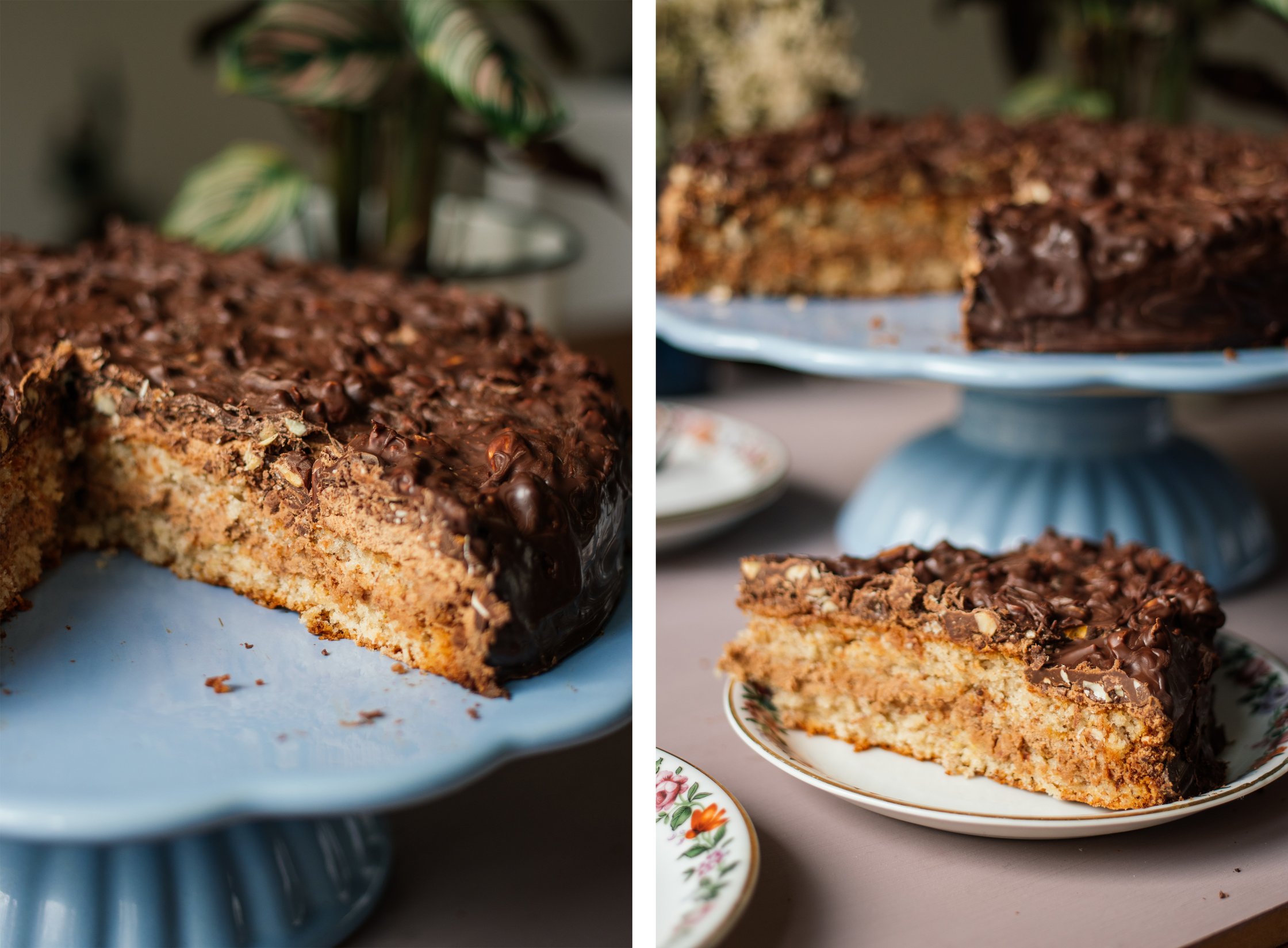 ein stück Vegane Mandeltorte mit Nougatcreme und Erdnüssen auf dem teller
