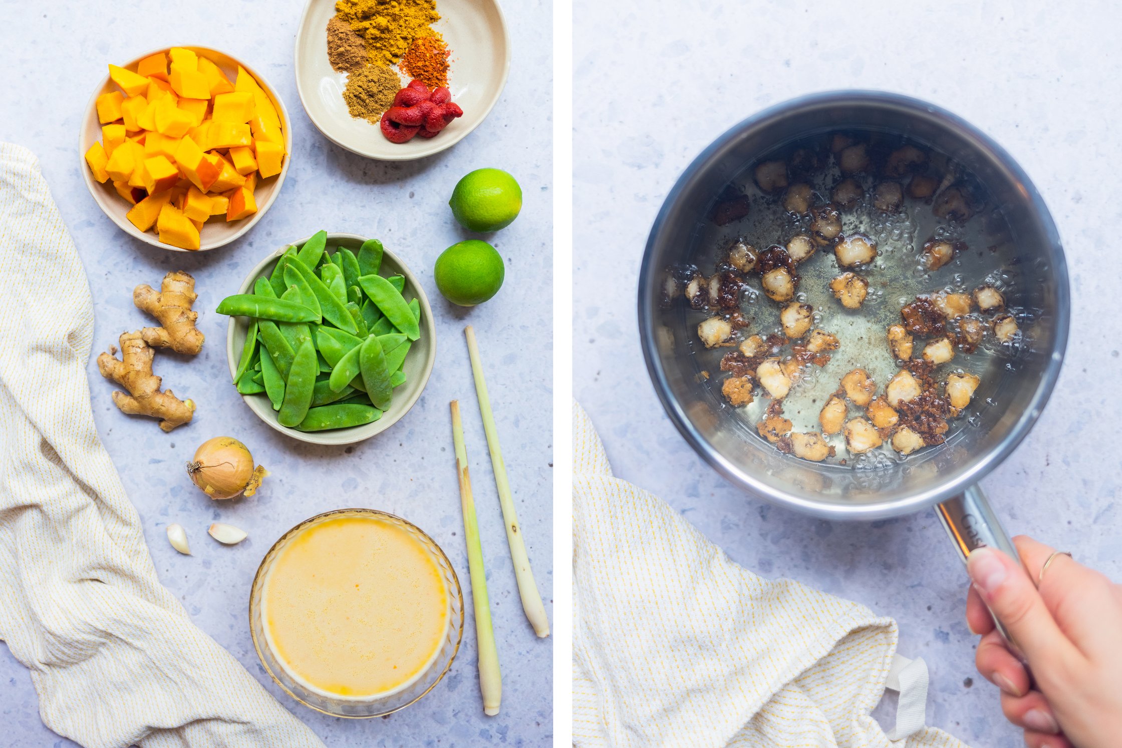 Ingredients for vegan pumpkin curry lie against a gray background. Next to them are ginger chips in a pot.