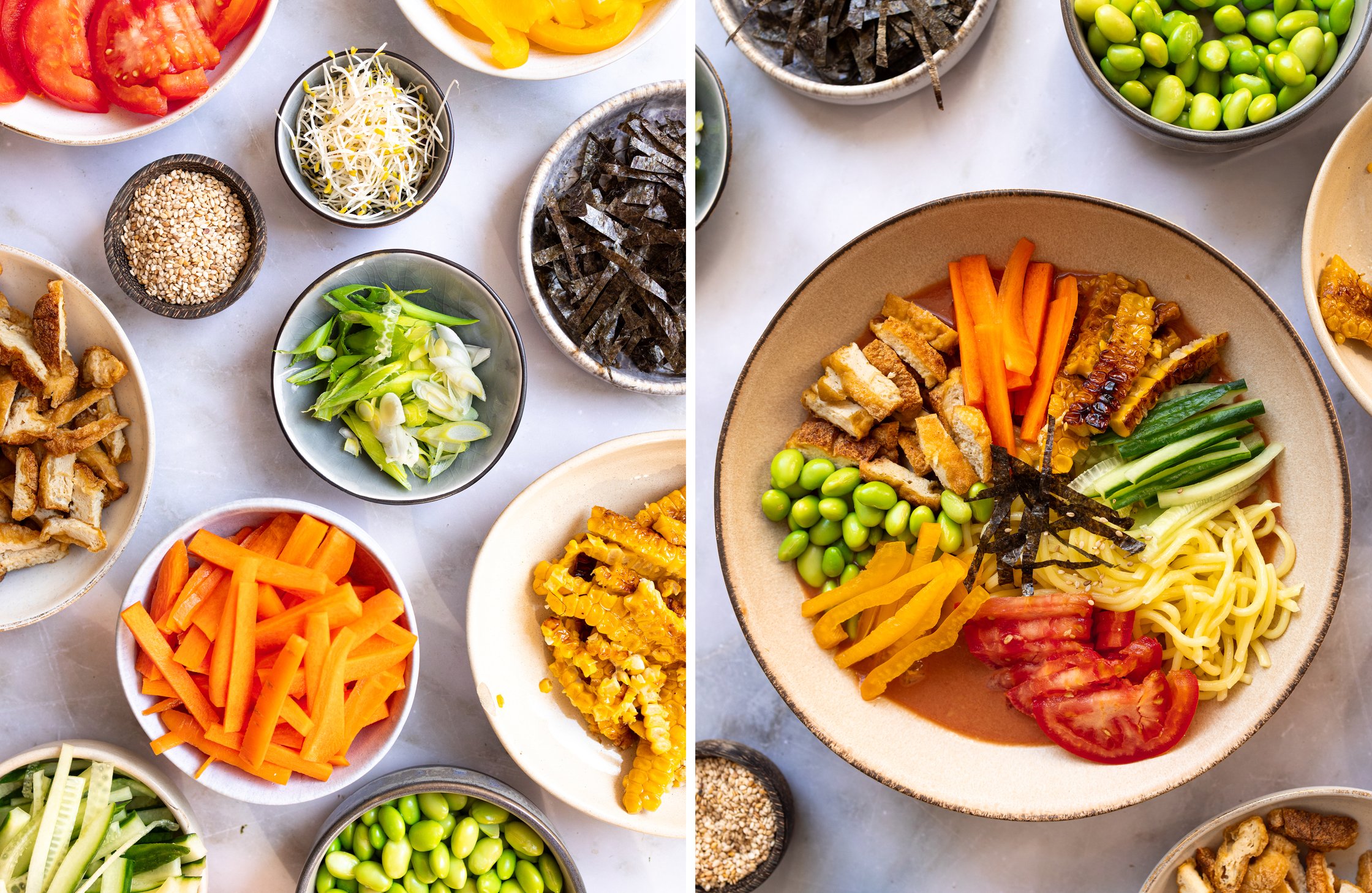 Split image: Various bowls of sliced vegetables arranged on the left and right sides of a large bowl.