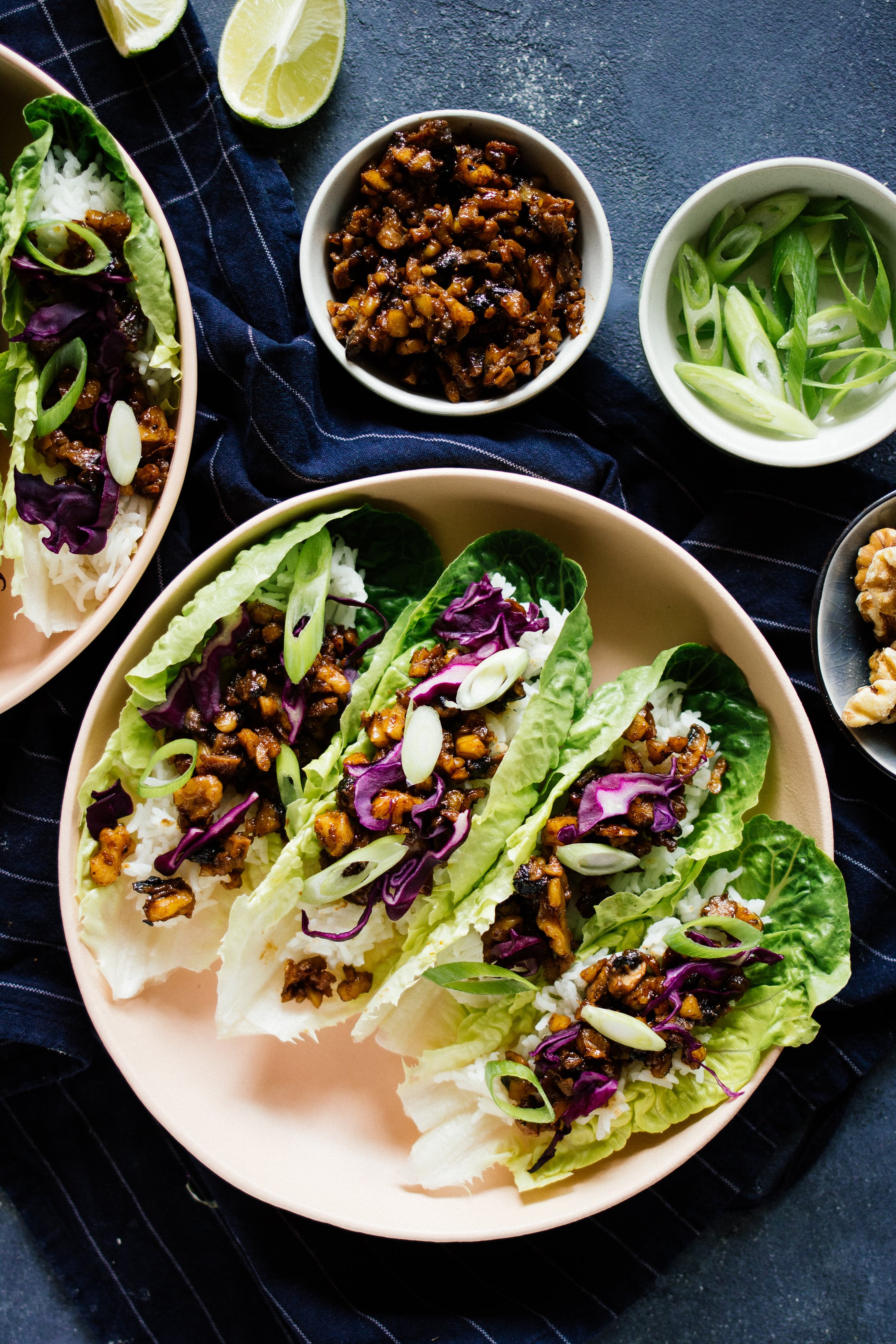 vegan lettuce wraps with mushrooms and rice