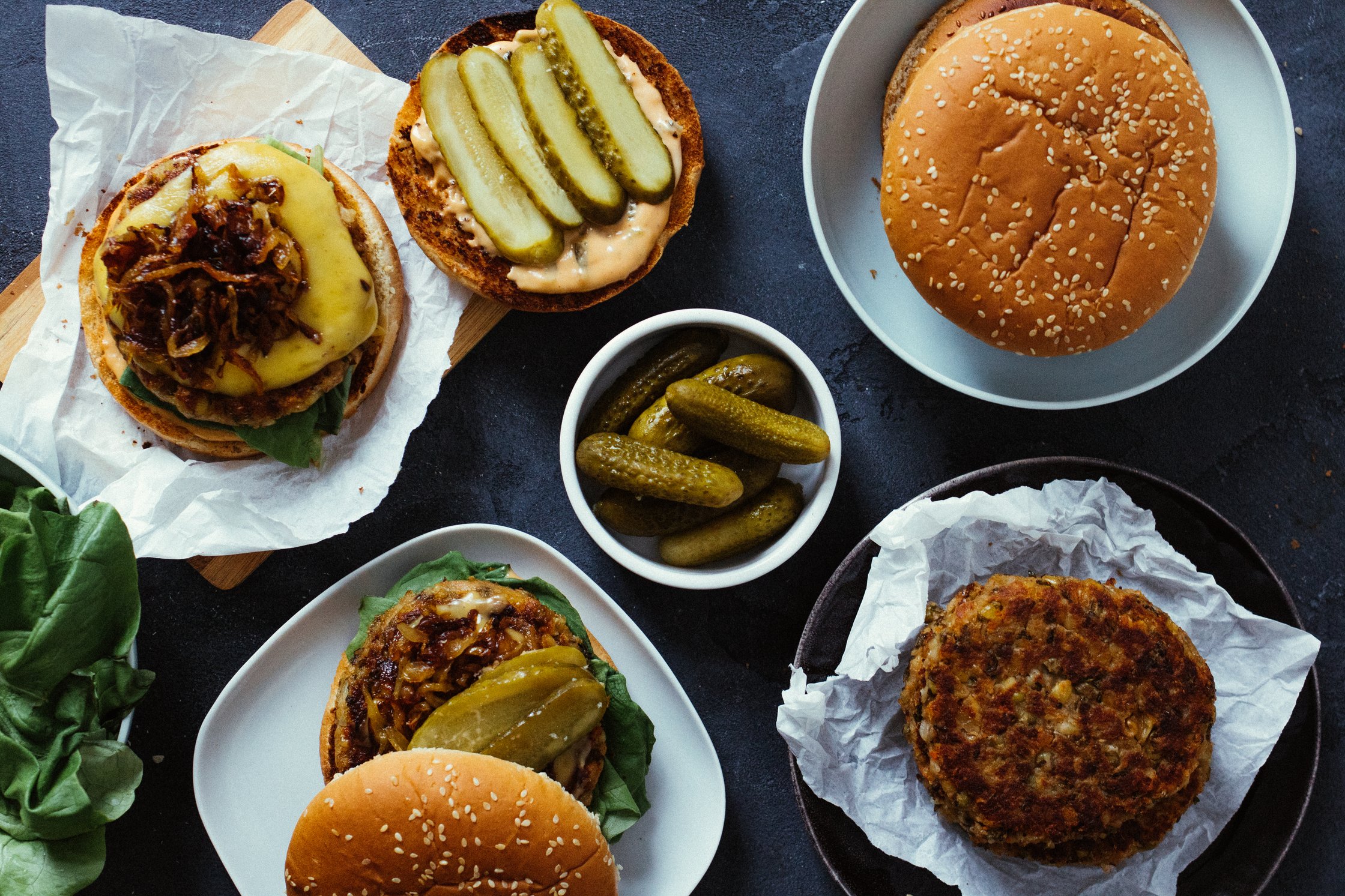 topshot of vegan burger party
