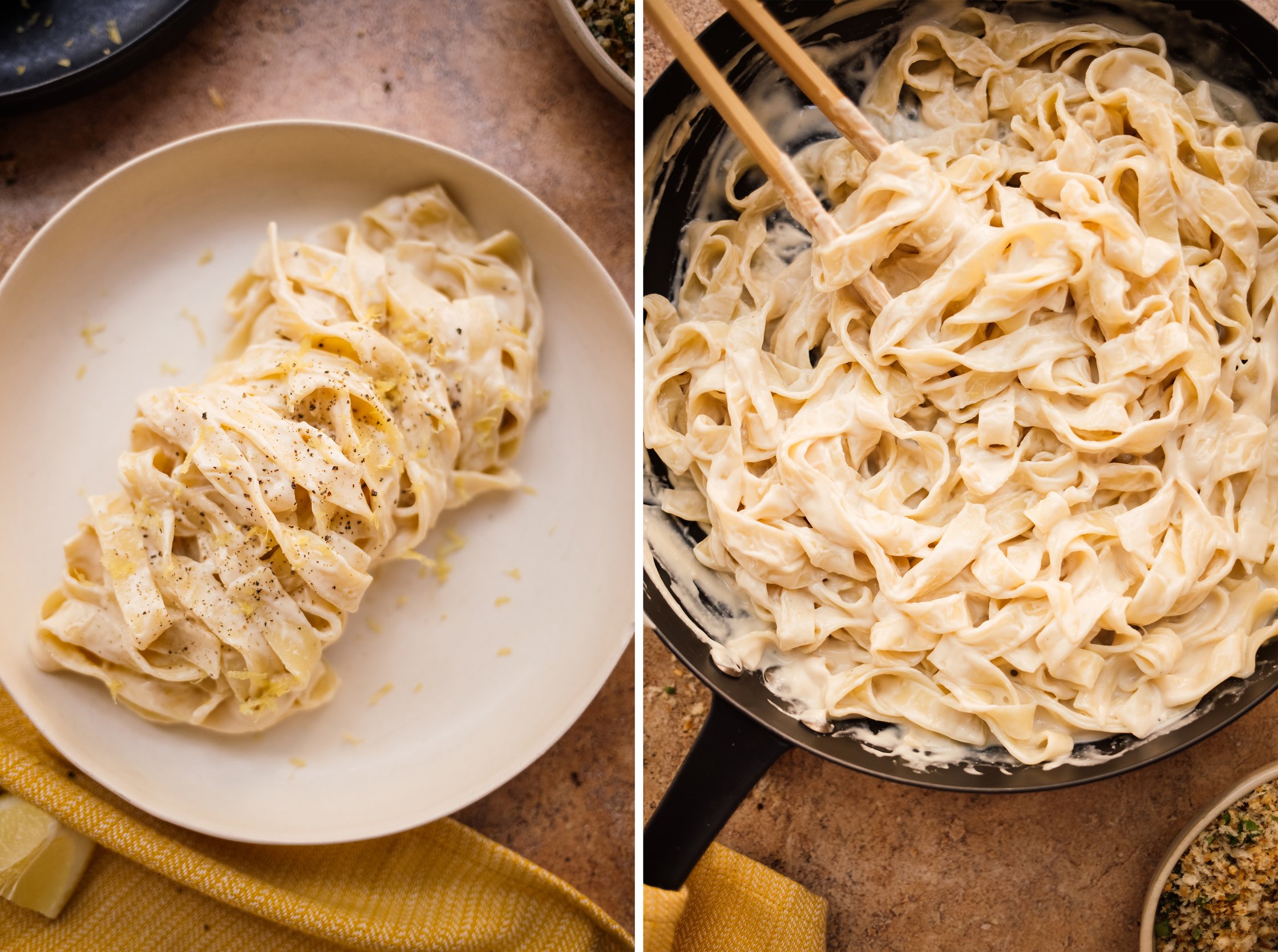 frying pan full of pasta with lemon sauce
