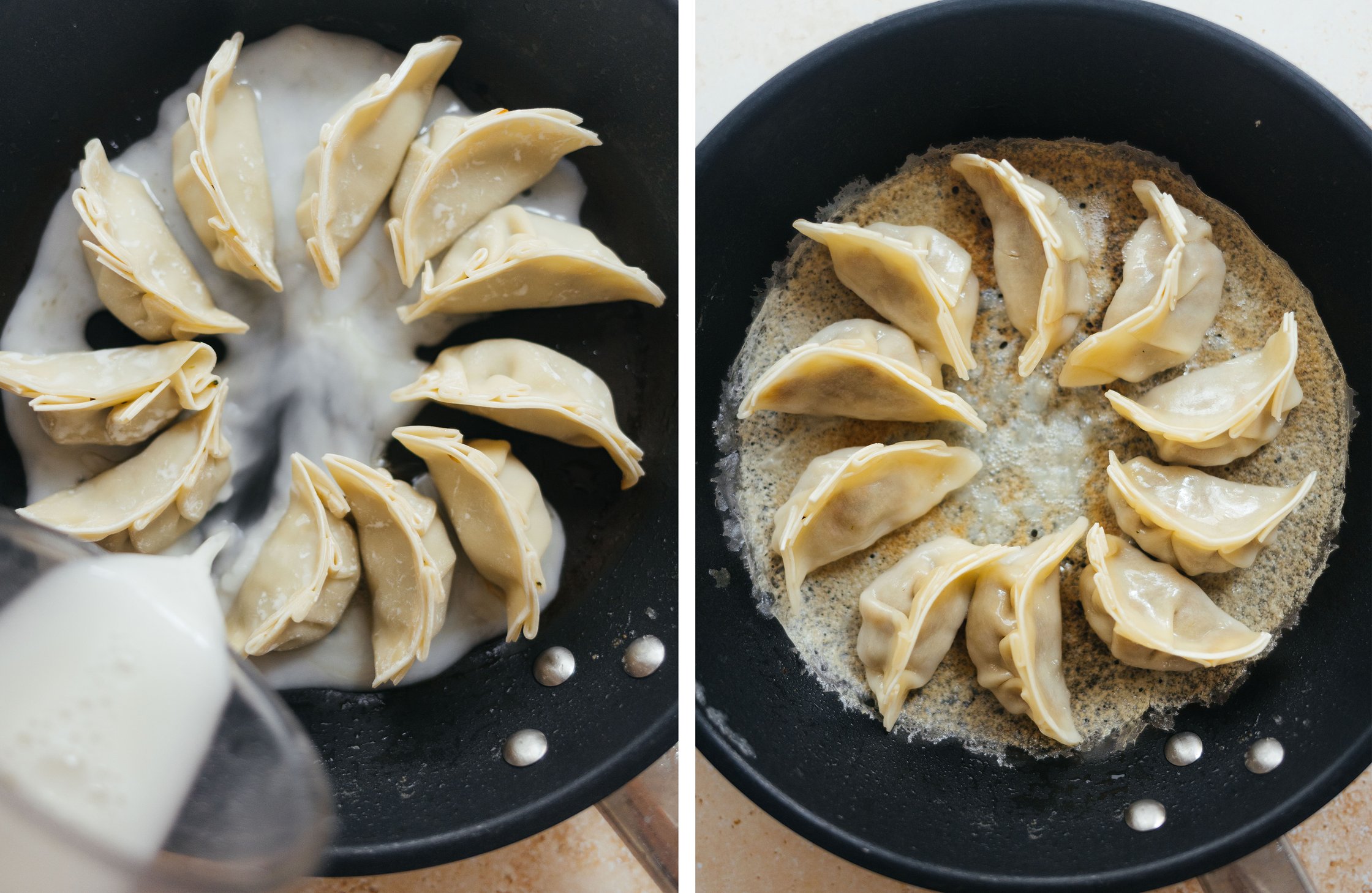 vegan dumplings with crunchy base in a pan