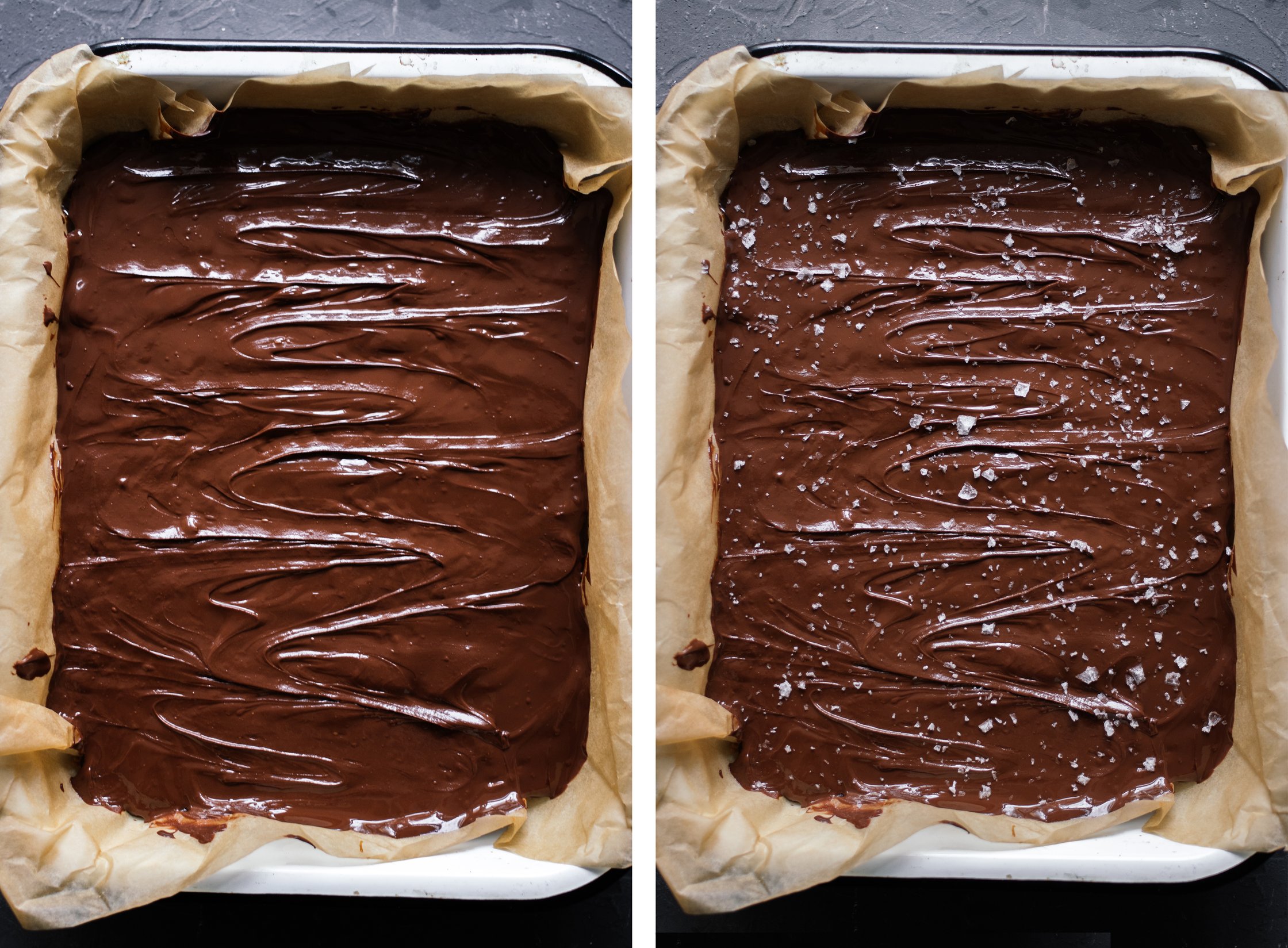 vegan chocolate layer before and after sprimkling with sea salt