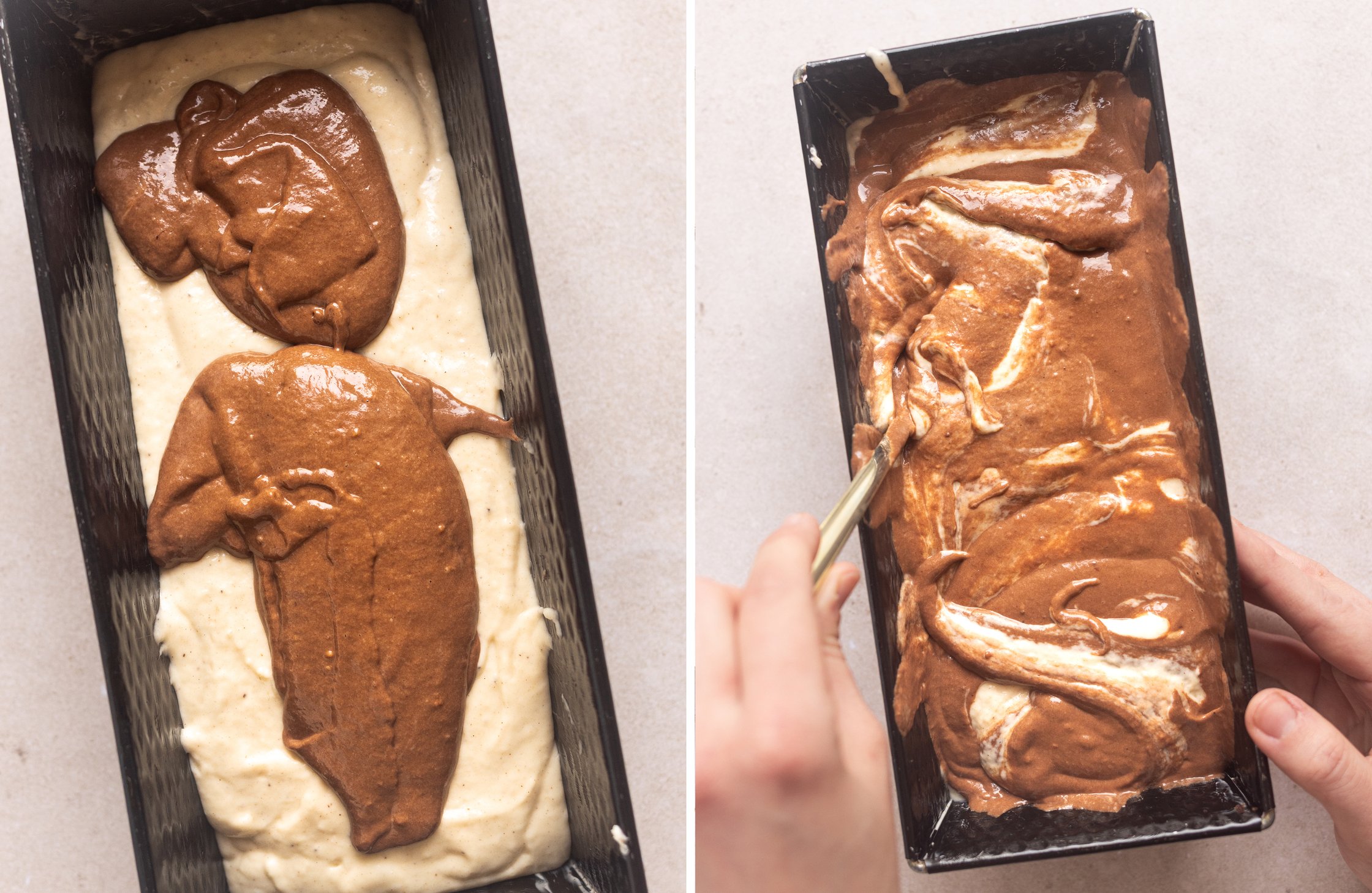 Two-part image - Left: dark and light batter in a loaf pan. Right: dark and light batter swirled in a loaf pan.