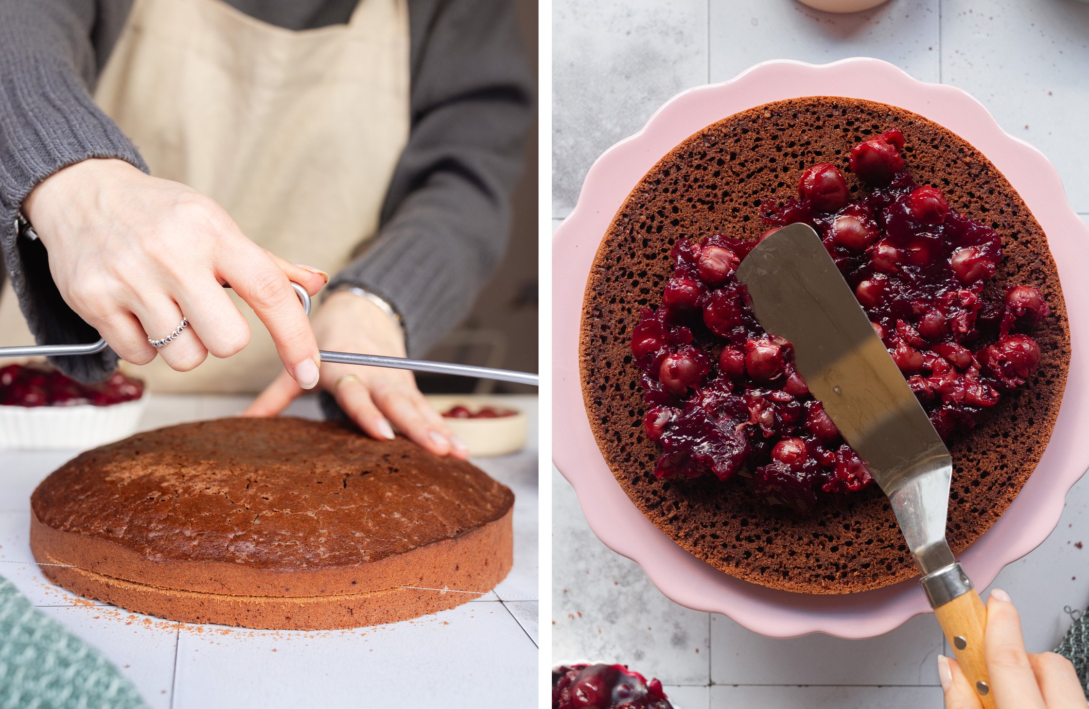 dividing cake dough; placing cherries on the base