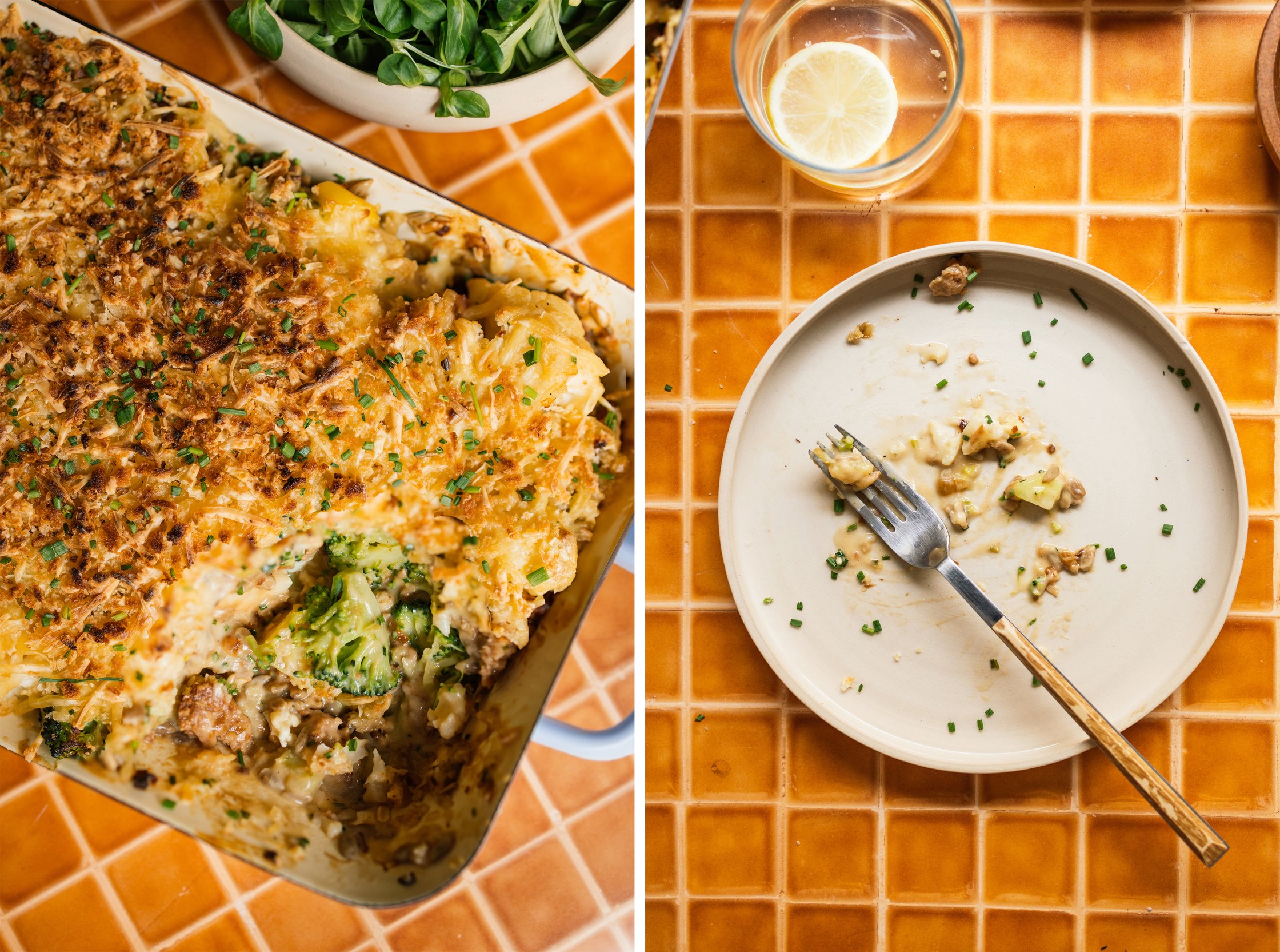an empty plate after Cauliflower-Broccoli Casserole with Vegan Mince was eaten