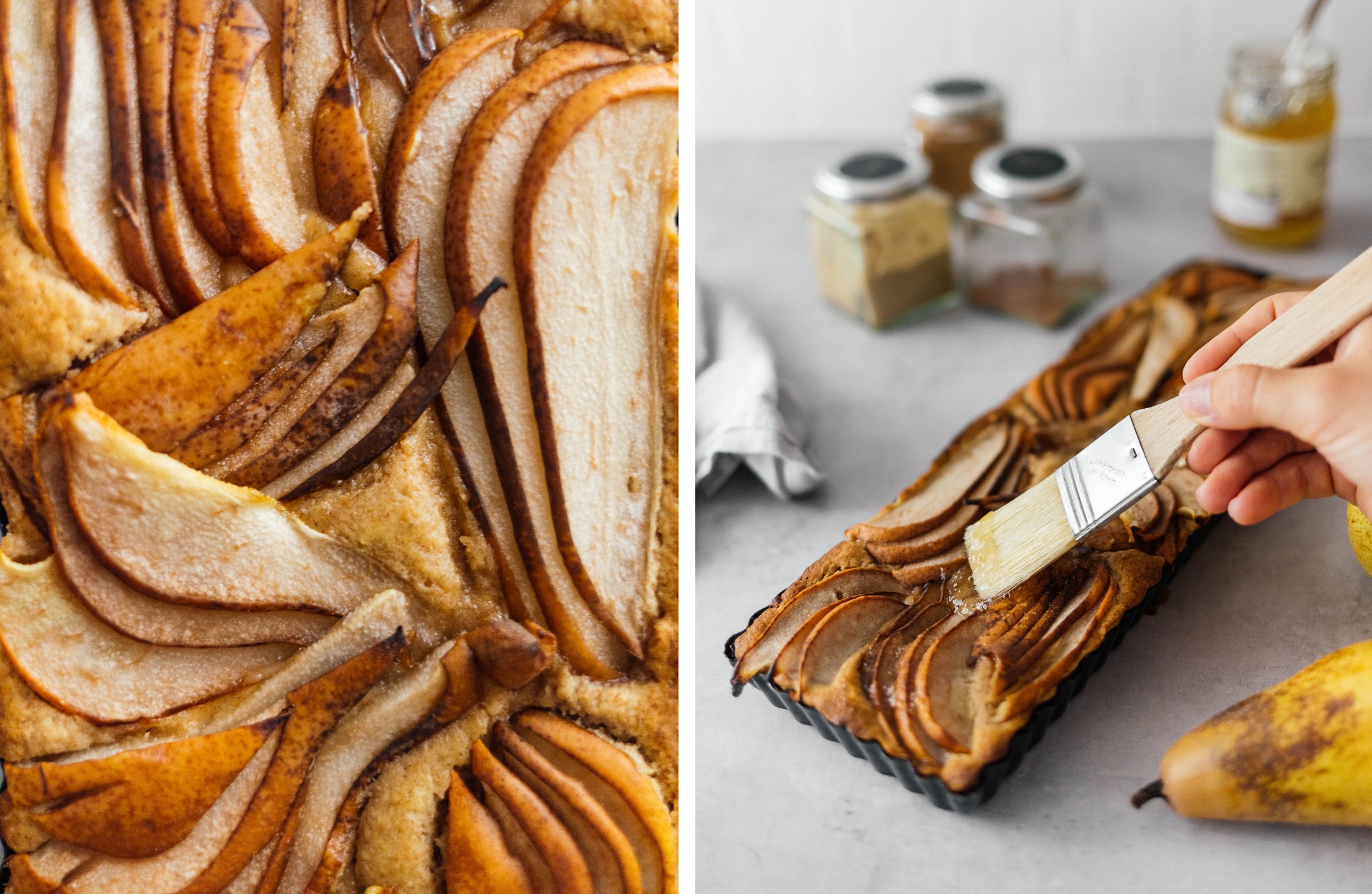 pear slices close up; spreading ginger jam on top of cake