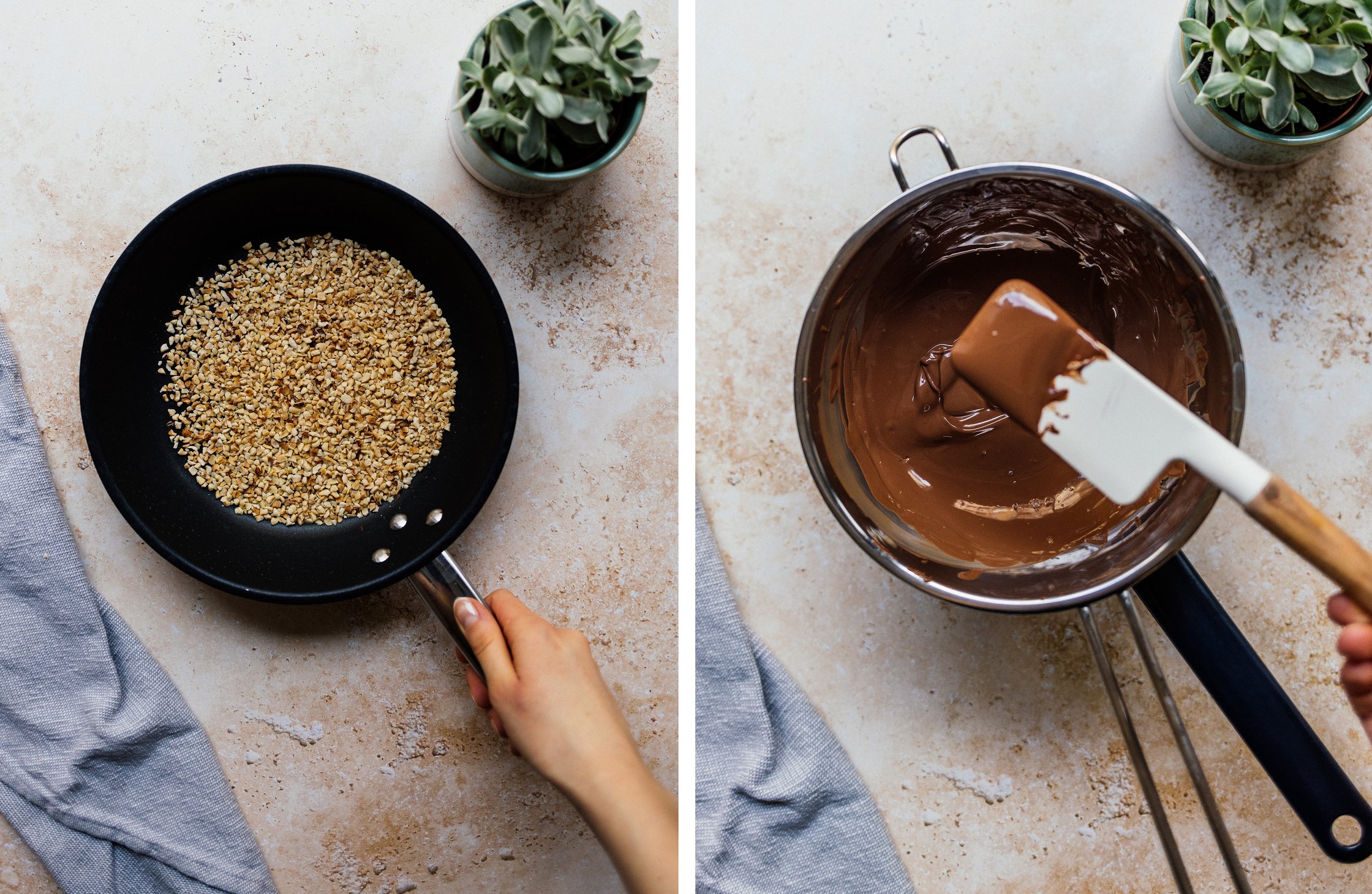 roasting chopped hazelnuts; melting chocolate
