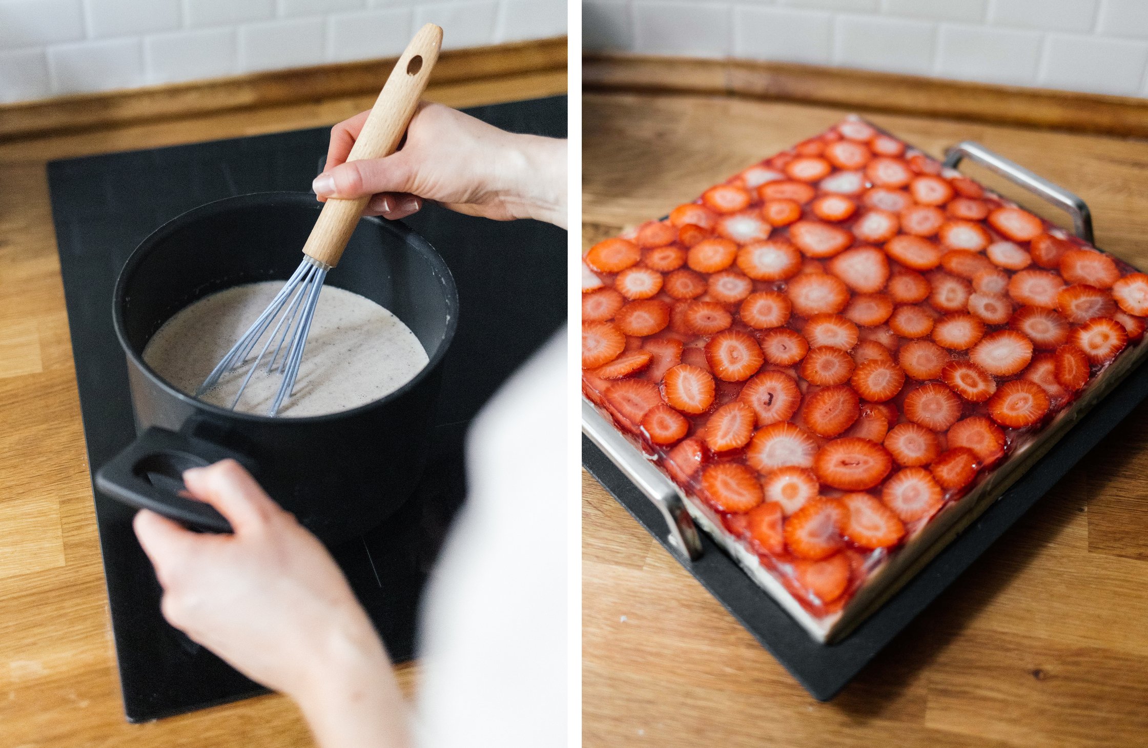veganen Vanillepudding kochen; veganer Erdbeerkuchen auf einem Blech