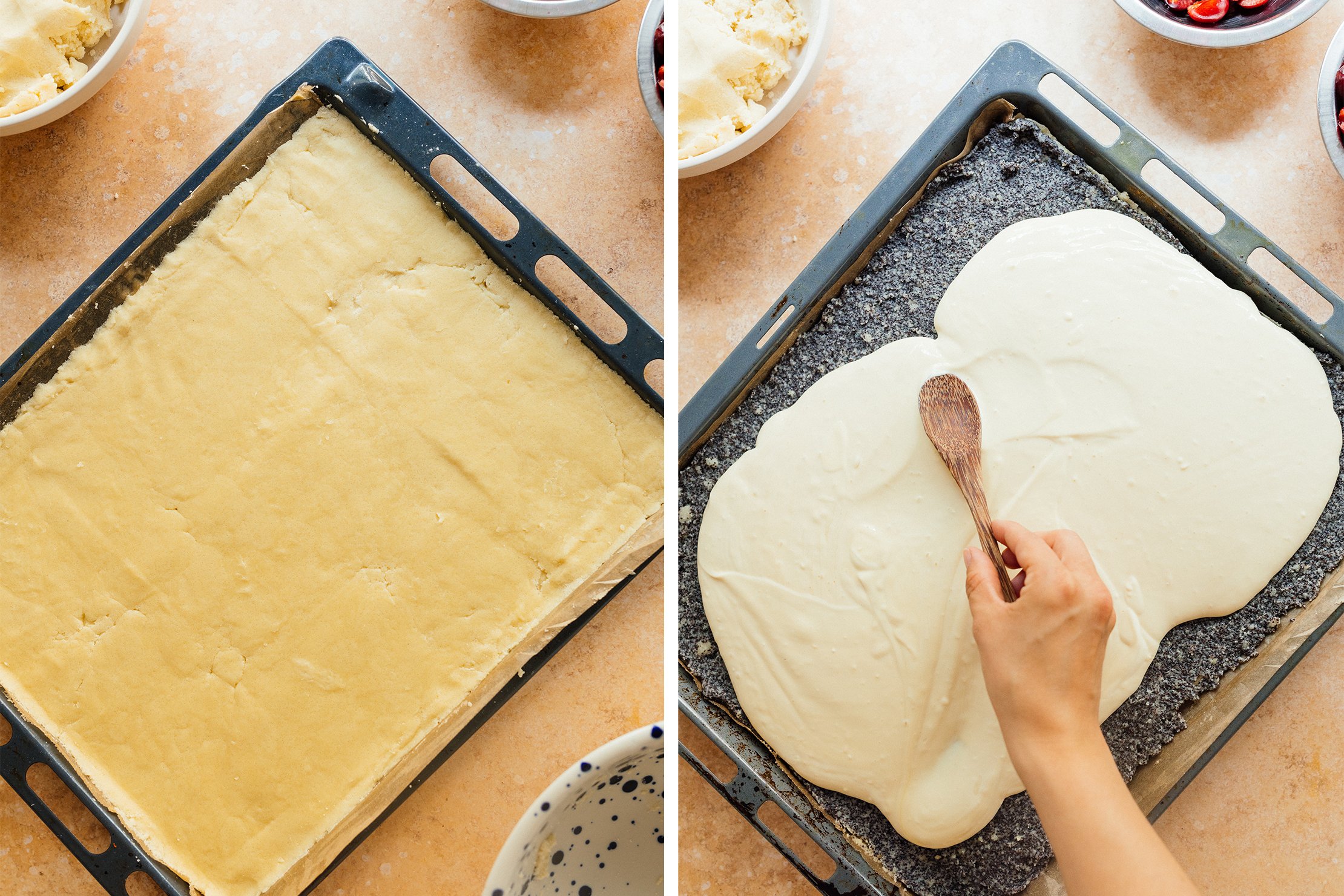 a baking tray with dough and creme