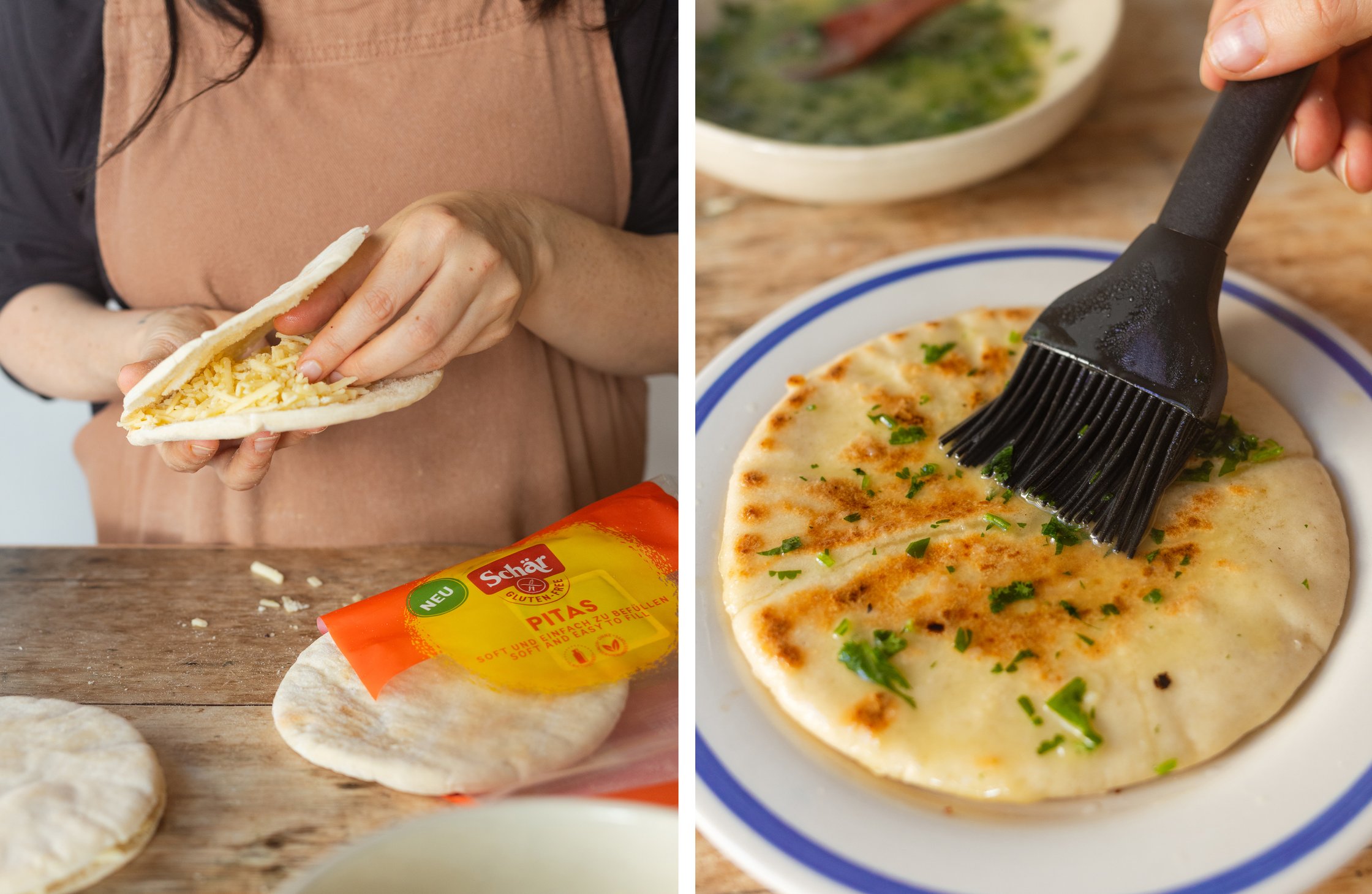 Pita-Brot wird mit Käse gefüllt; Pita-Brot wird mit Knoblaichbutter bestrichen