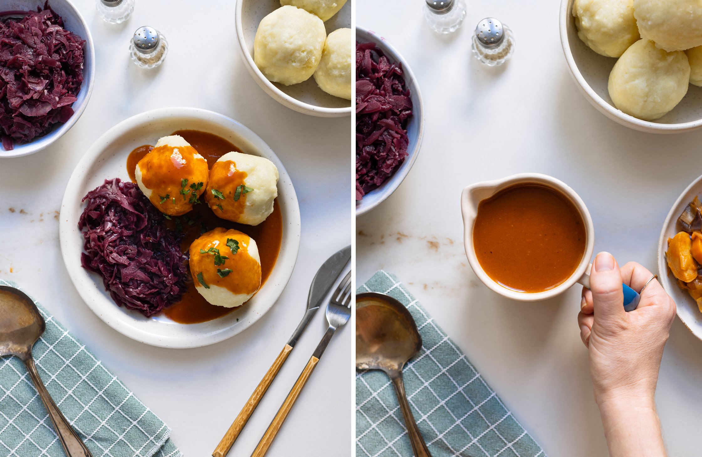Zweigeteiltes Bild: Teller mit Klößen, Rotkohl, veganer Bratensoße und die Bratensoße in einem Sauciere.