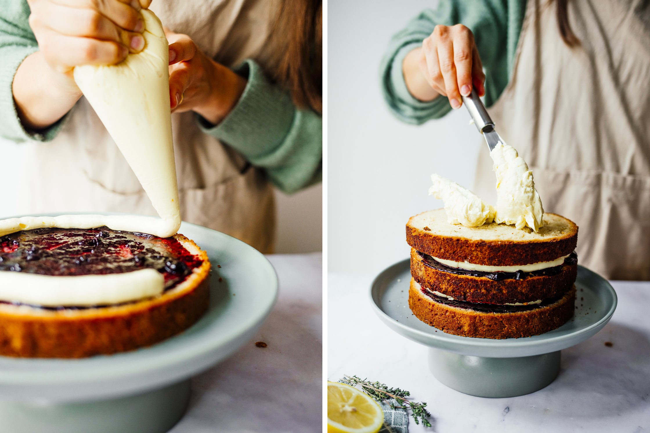 veganer Naked Cake wird mit Teig und Cremes zusammengesetzt
