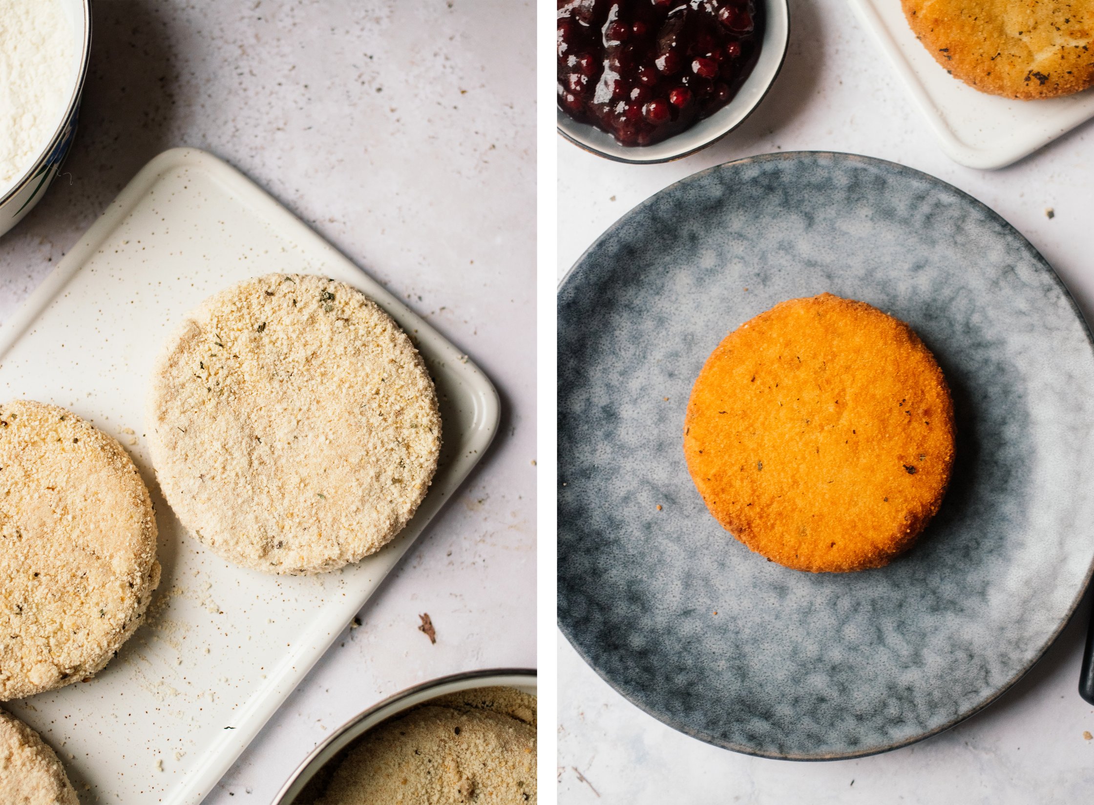 vegan baked camembert before and after deep frying
