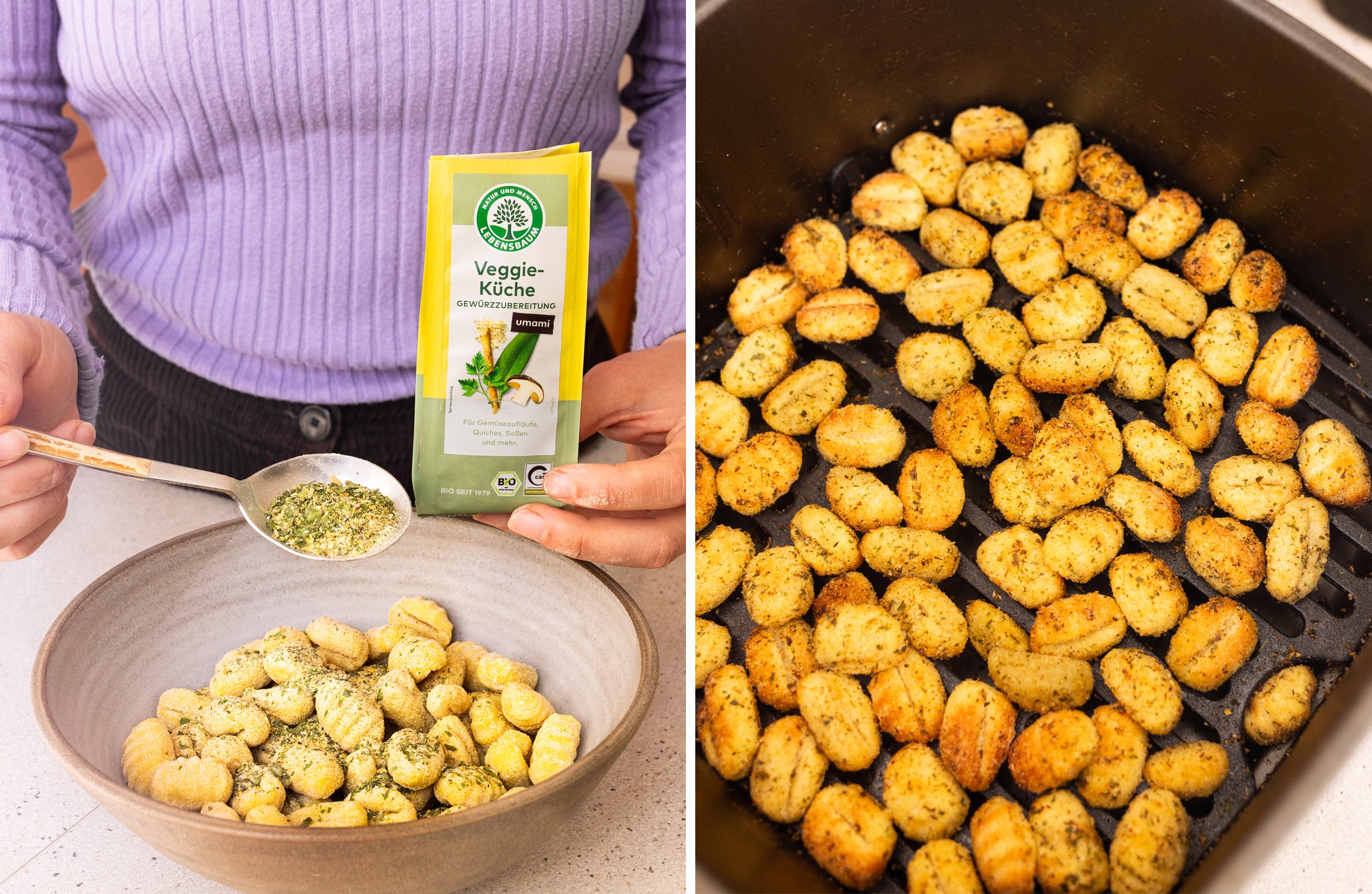 Ein zweigeteiltes Bild: Links wird das Gewürz von Lebensbaum "Veggie-Küche" den Gnocchis zugegeben und rechts sieht man die f