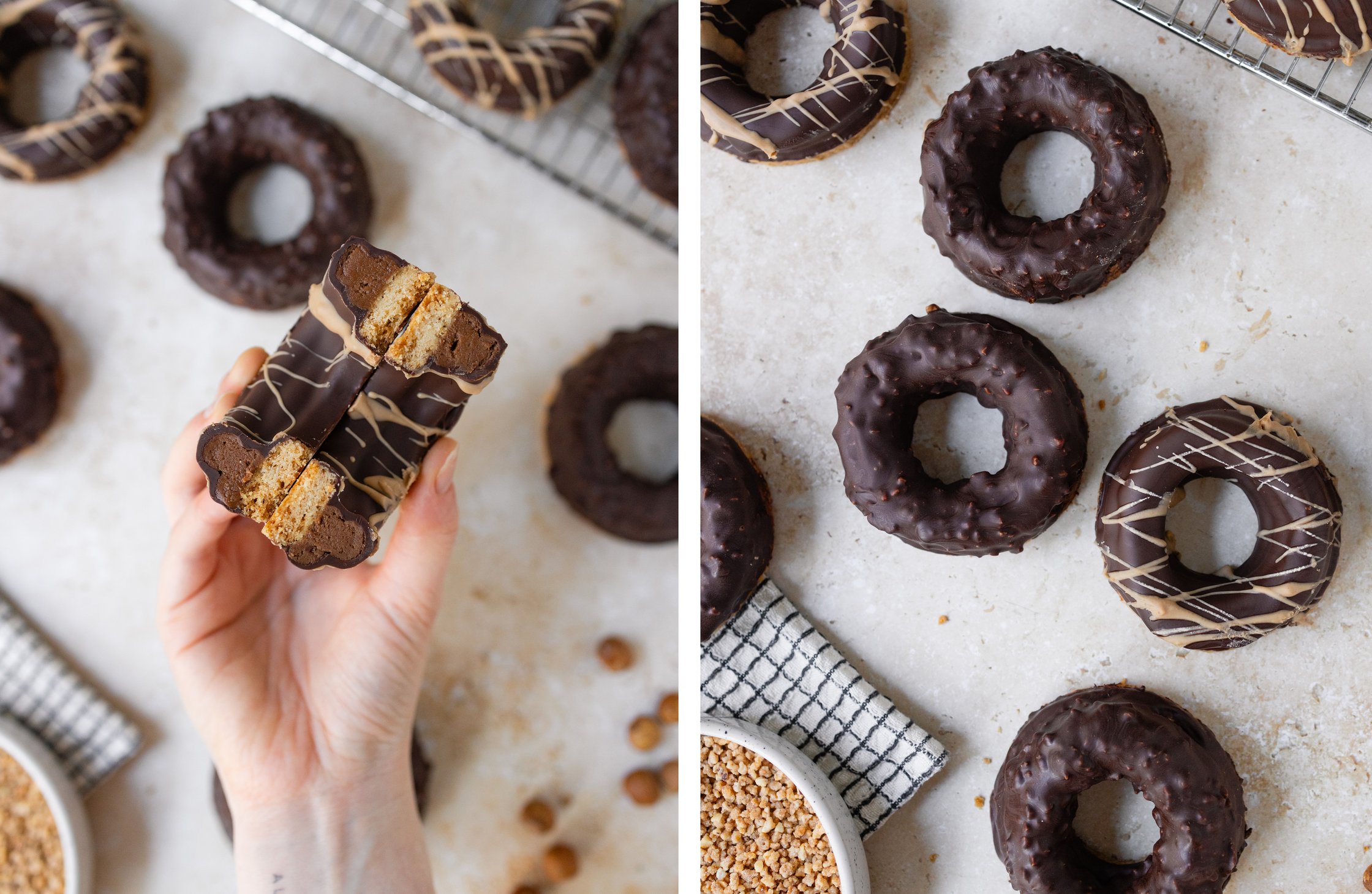 one nougat ring divided into two halves; finished nougat rings with two different decorations
