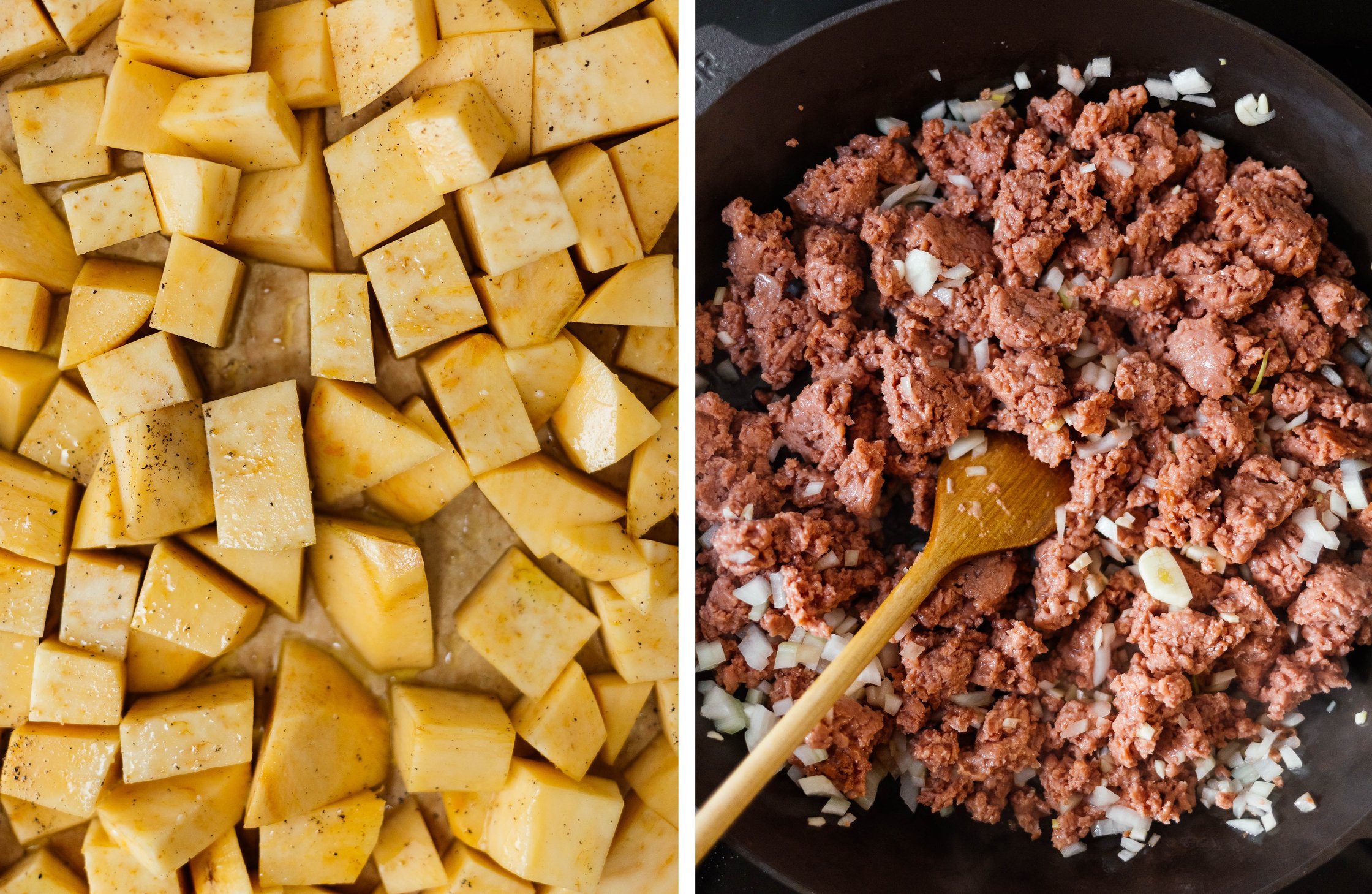 diced rutabaga before baking; frying vegan minced meat