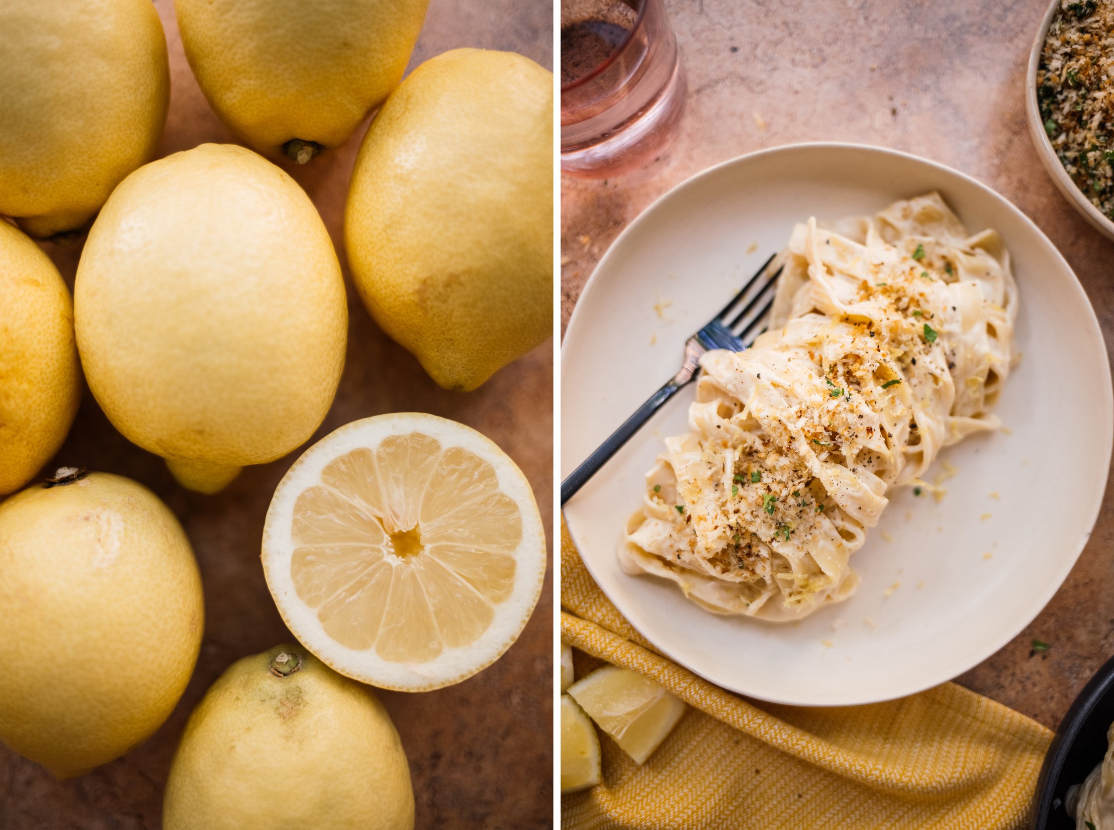 lemons and a plate of vegan pasta with lemon sauce