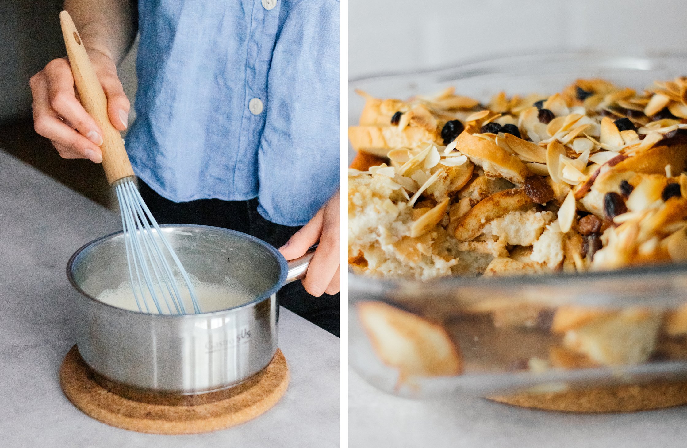 vegane Vanillesoße kochen; veganer Scheiterhaufen in einer Auflaufform