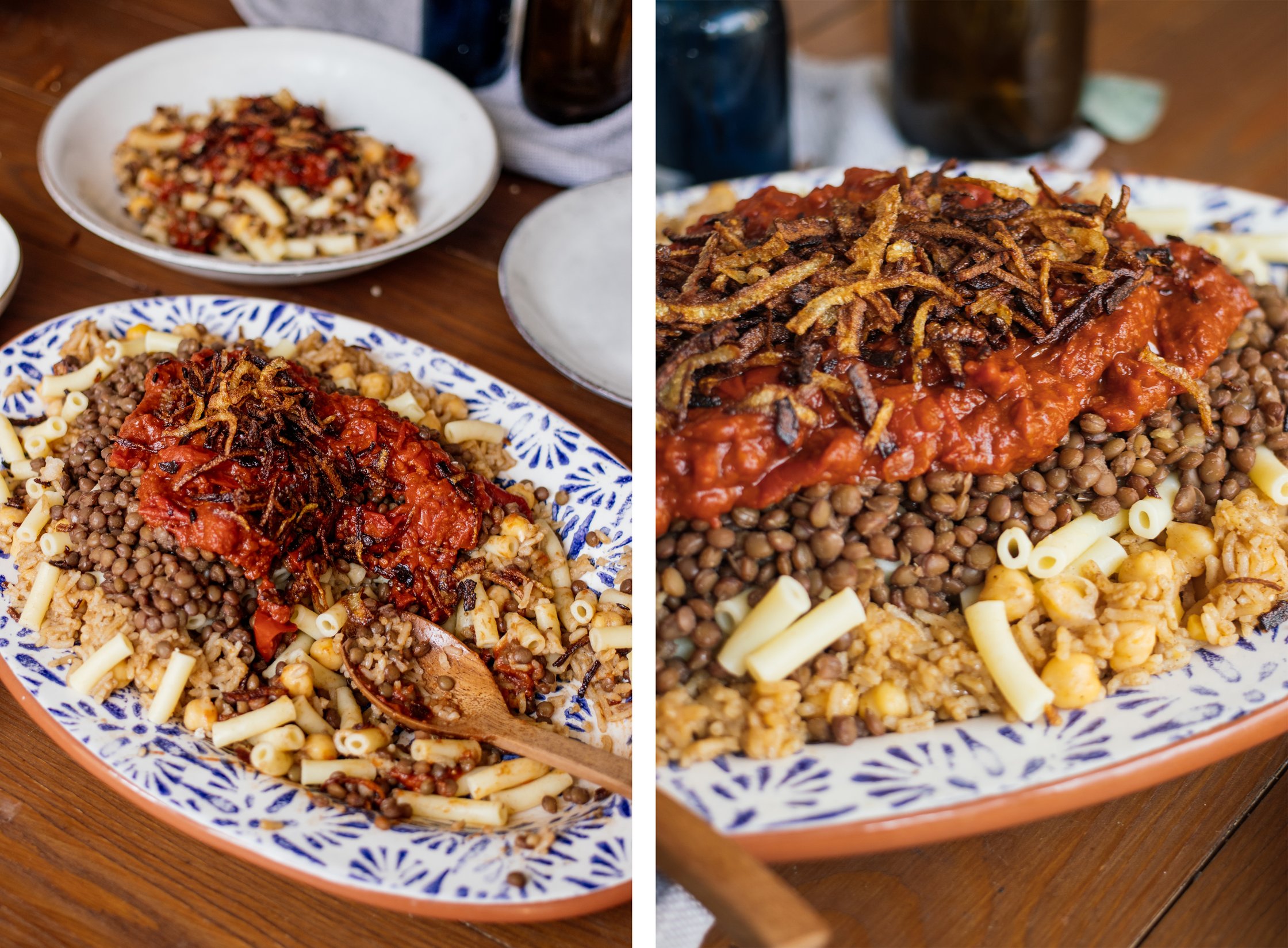 vegan kushari on a platter