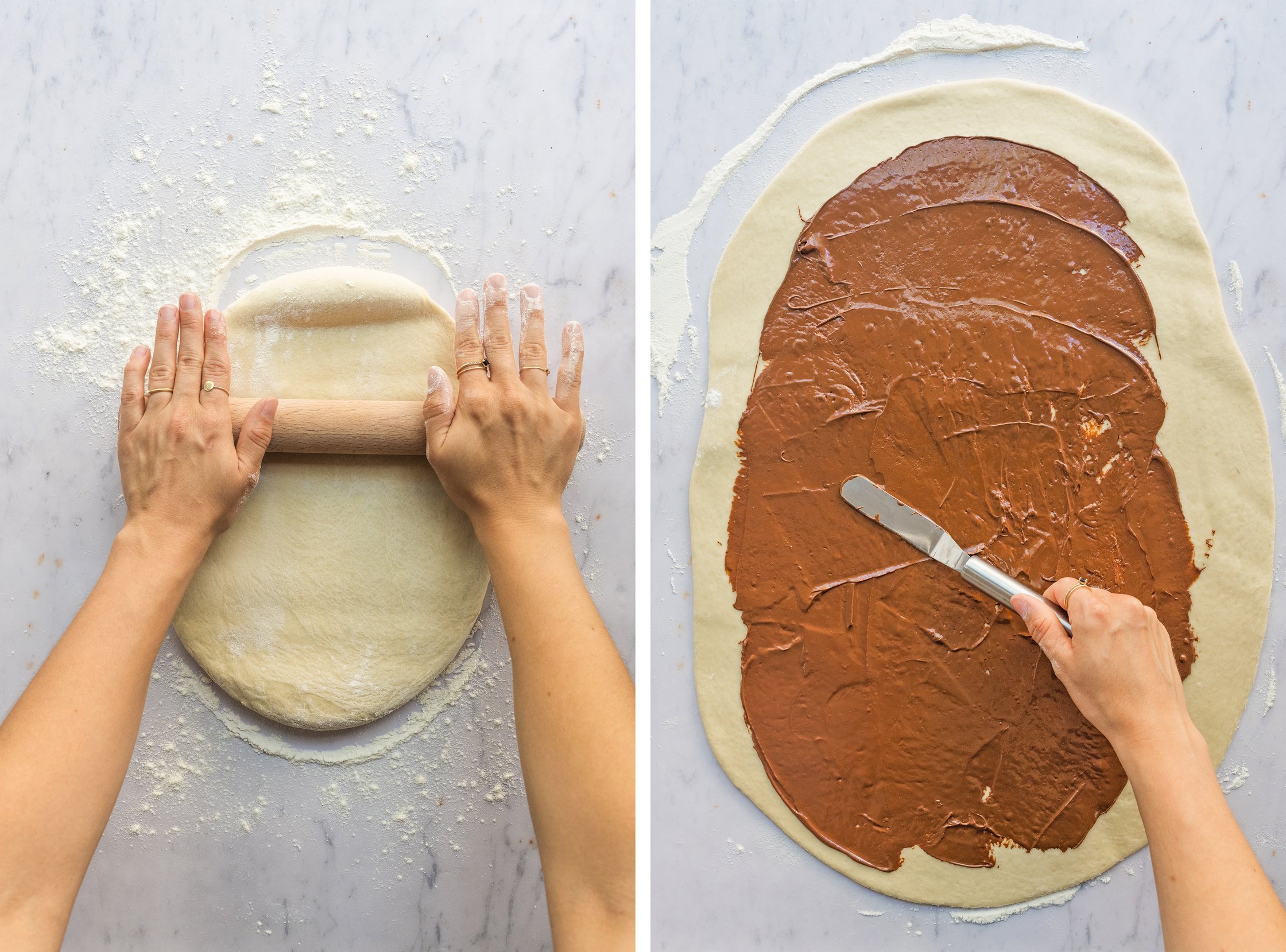 rolling out the dough for Vegan Chocolate Swirl Buns and spreading chocolate cream on top