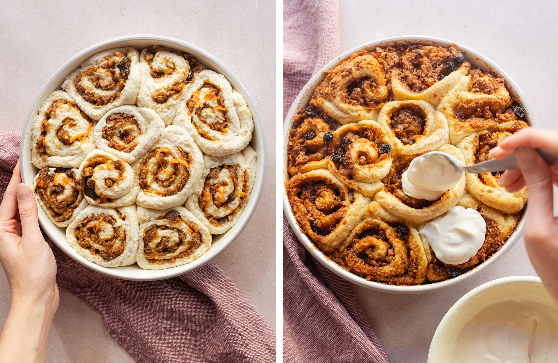 the cinnamon buns before baking; cinnamon buns are decorated with frosting after baking