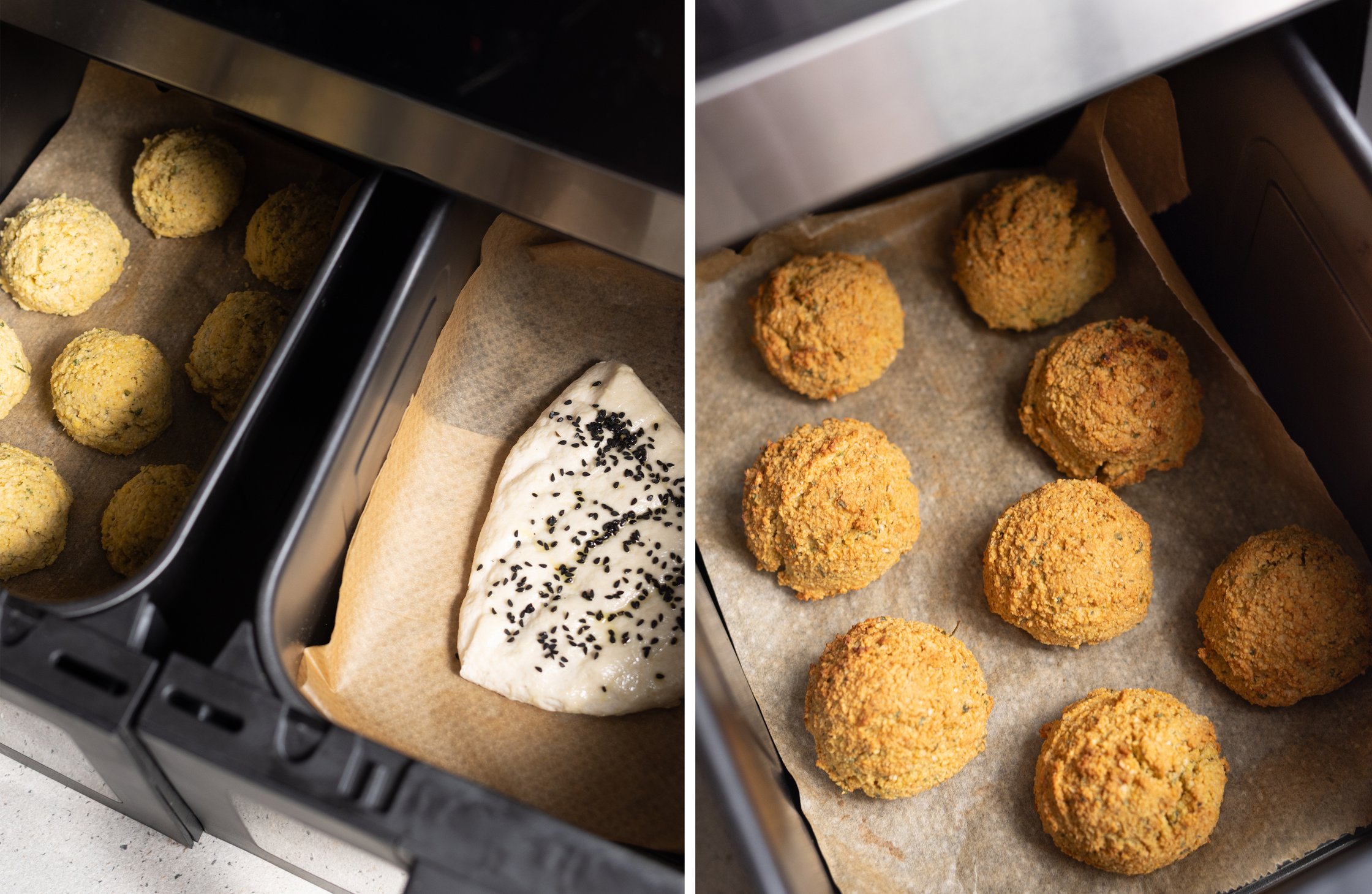 Close-up of falafel and flatbread before baking in the air fryer, followed by baked falafel in the air fryer.